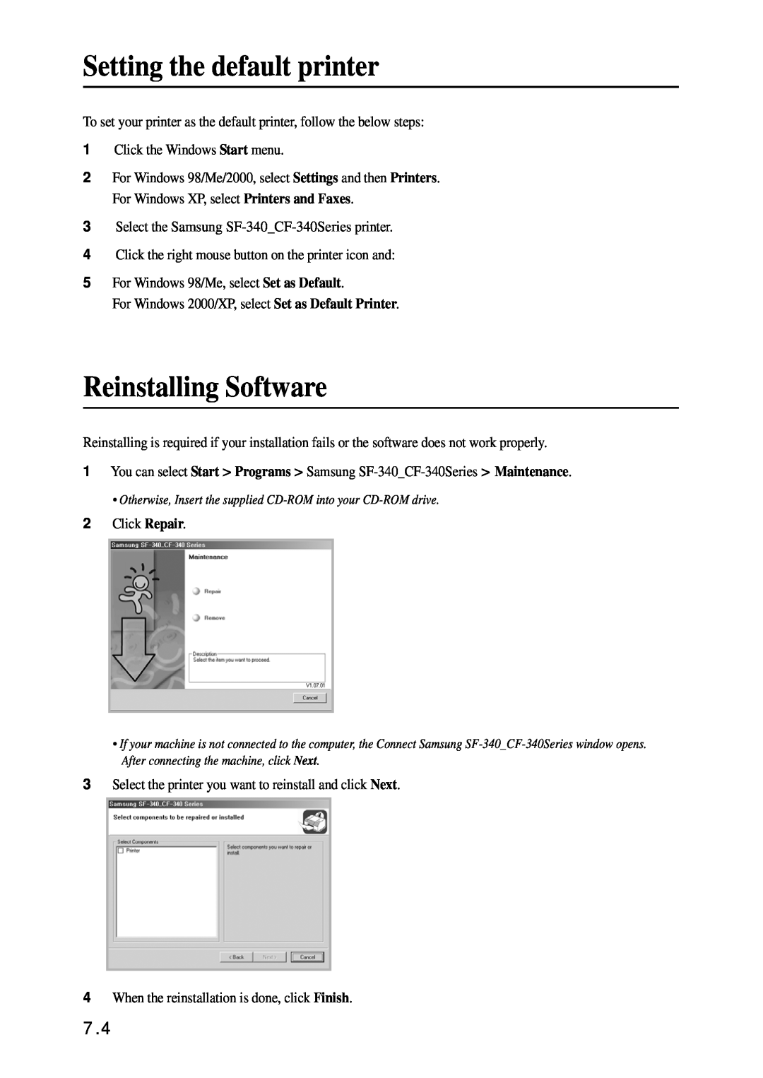 Samsung SF-340 Series manual Setting the default printer, Reinstalling Software 
