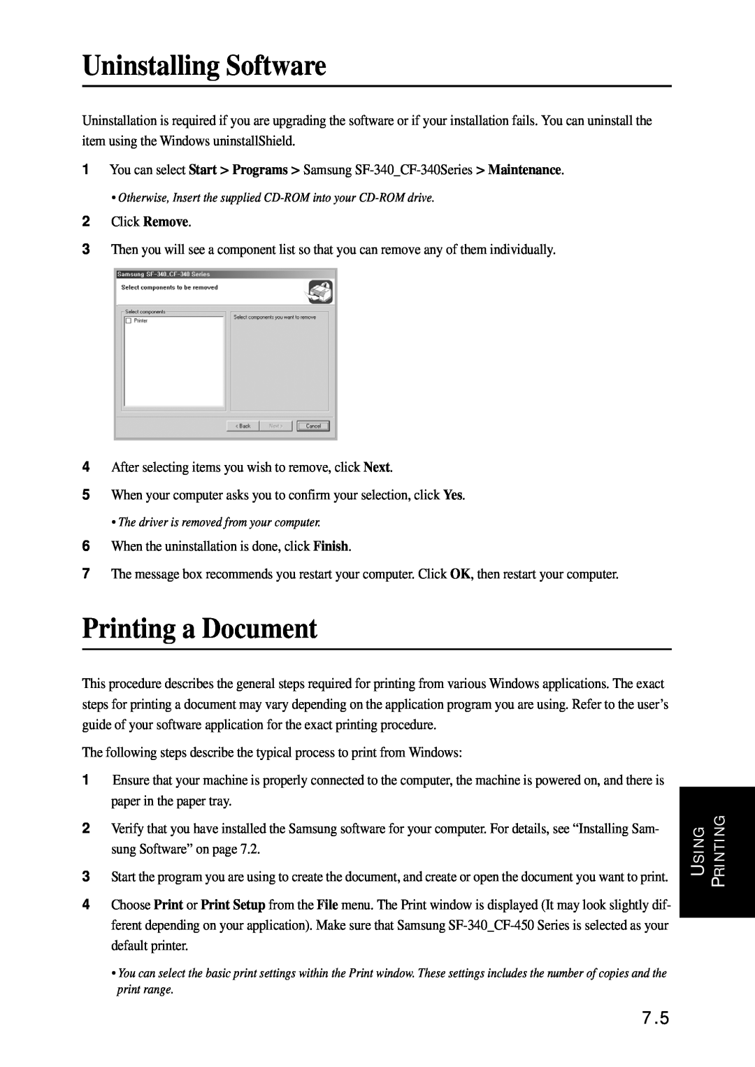 Samsung SF-340 Series manual Uninstalling Software, Printing a Document 