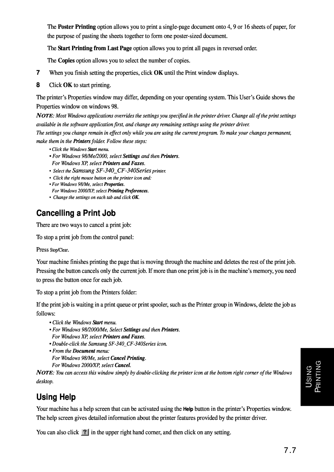 Samsung SF-340 Series manual Cancelling a Print Job, Using Help, Select the Samsung SF-340CF-340Series printer 