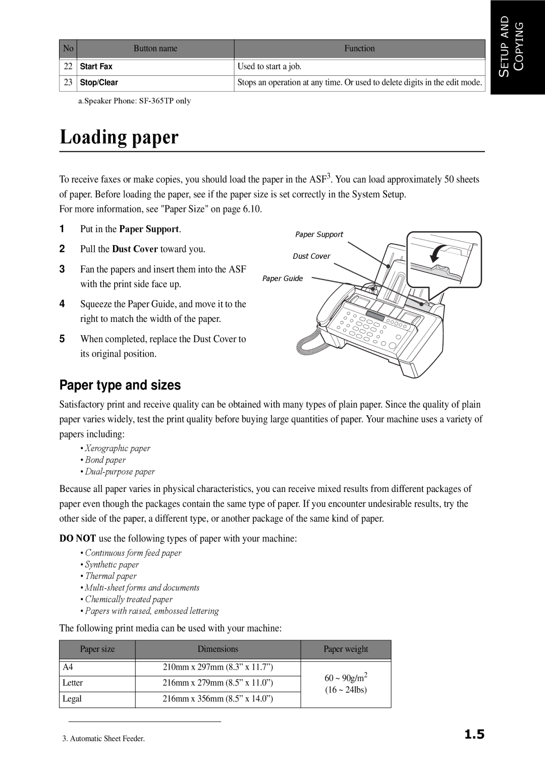 Samsung SF-360 Series manual Loading paper, Paper type and sizes, For more information, see Paper Size on 