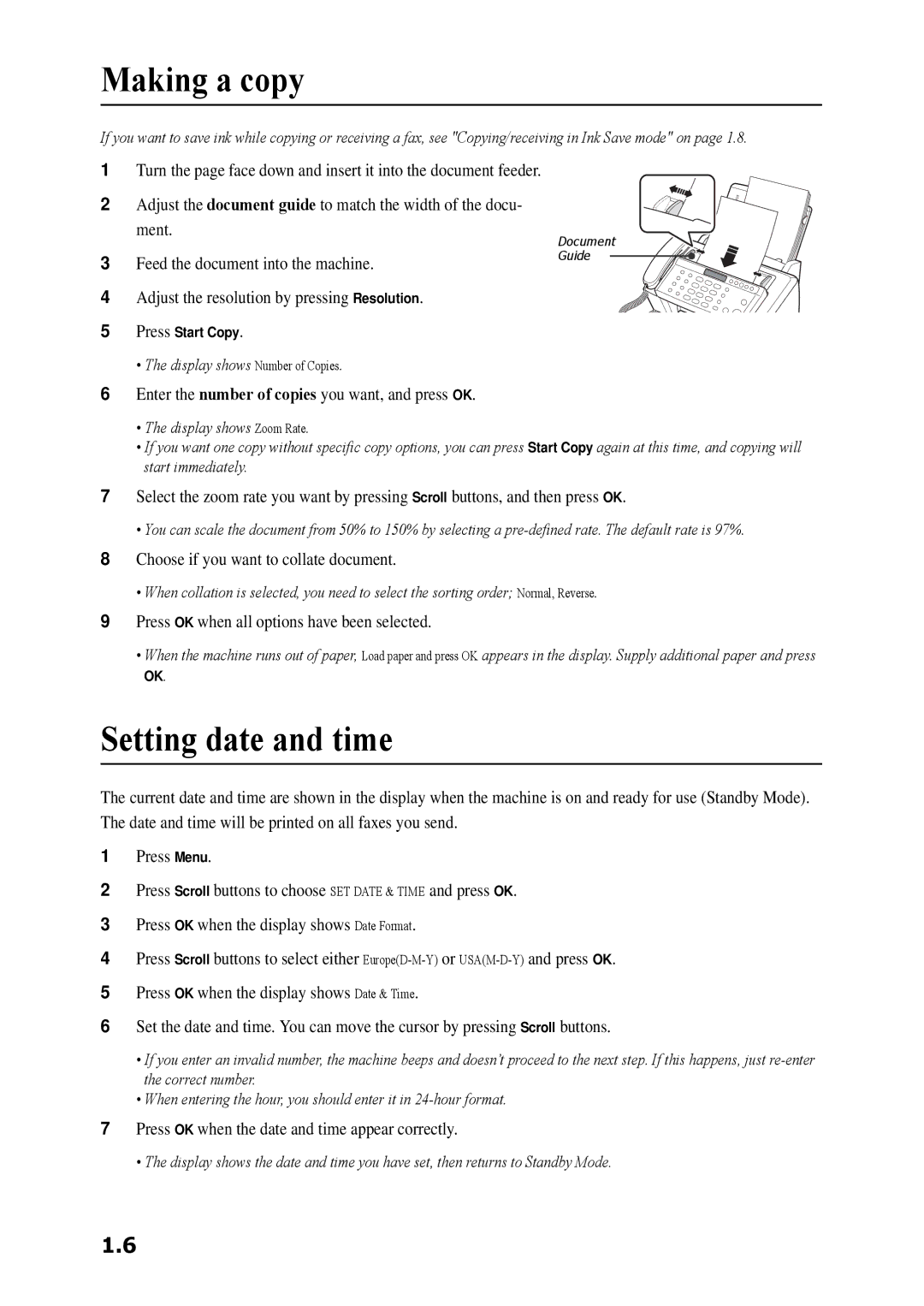 Samsung SF-360 Series manual Making a copy, Setting date and time 