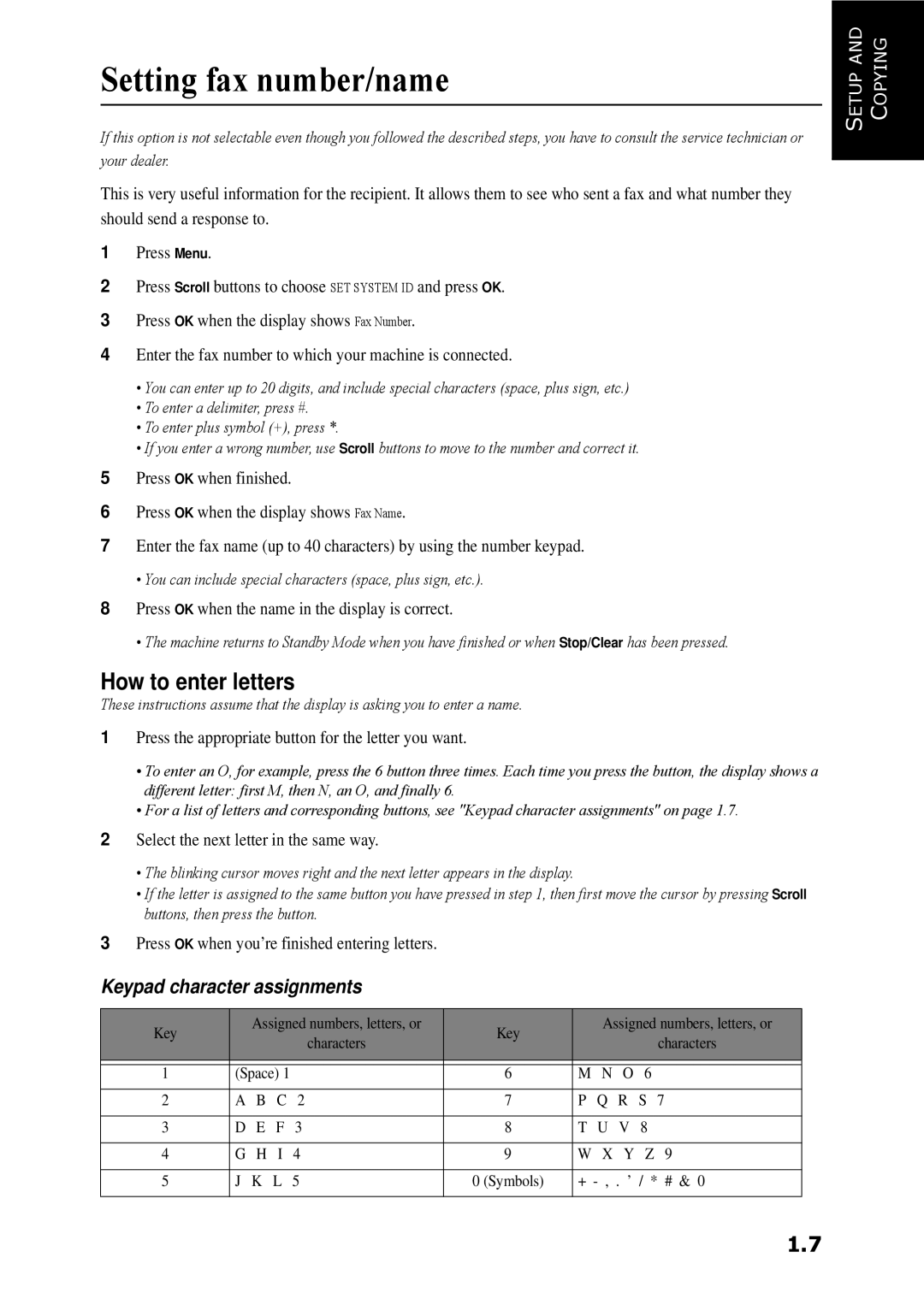 Samsung SF-360 Series manual Setting fax number/name, How to enter letters, Keypad character assignments 