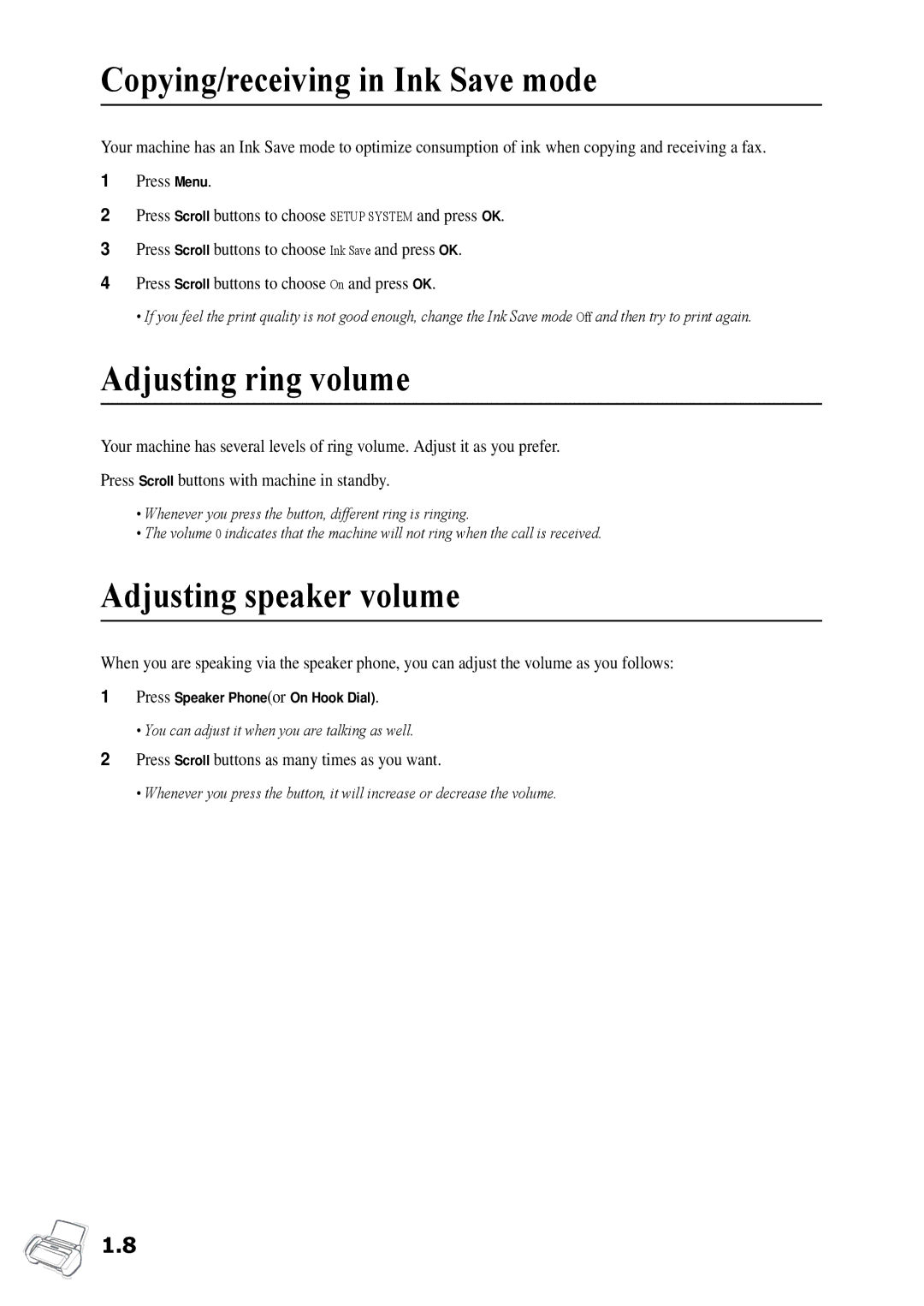 Samsung SF-360 Series manual Copying/receiving in Ink Save mode, Adjusting ring volume, Adjusting speaker volume 