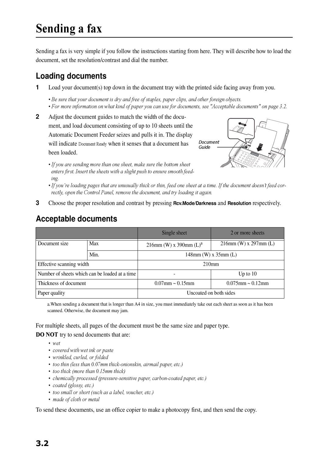 Samsung SF-360 Series manual Sending a fax, Loading documents, Acceptable documents 