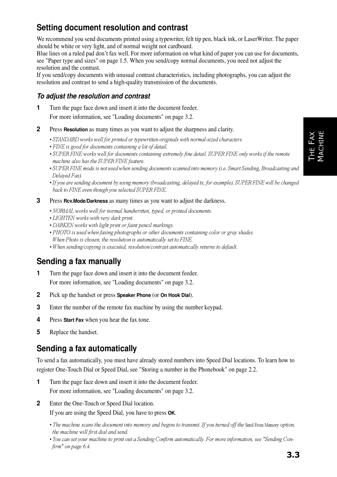 Samsung SF-360 Series Setting document resolution and contrast, Sending a fax manually, Sending a fax automatically 