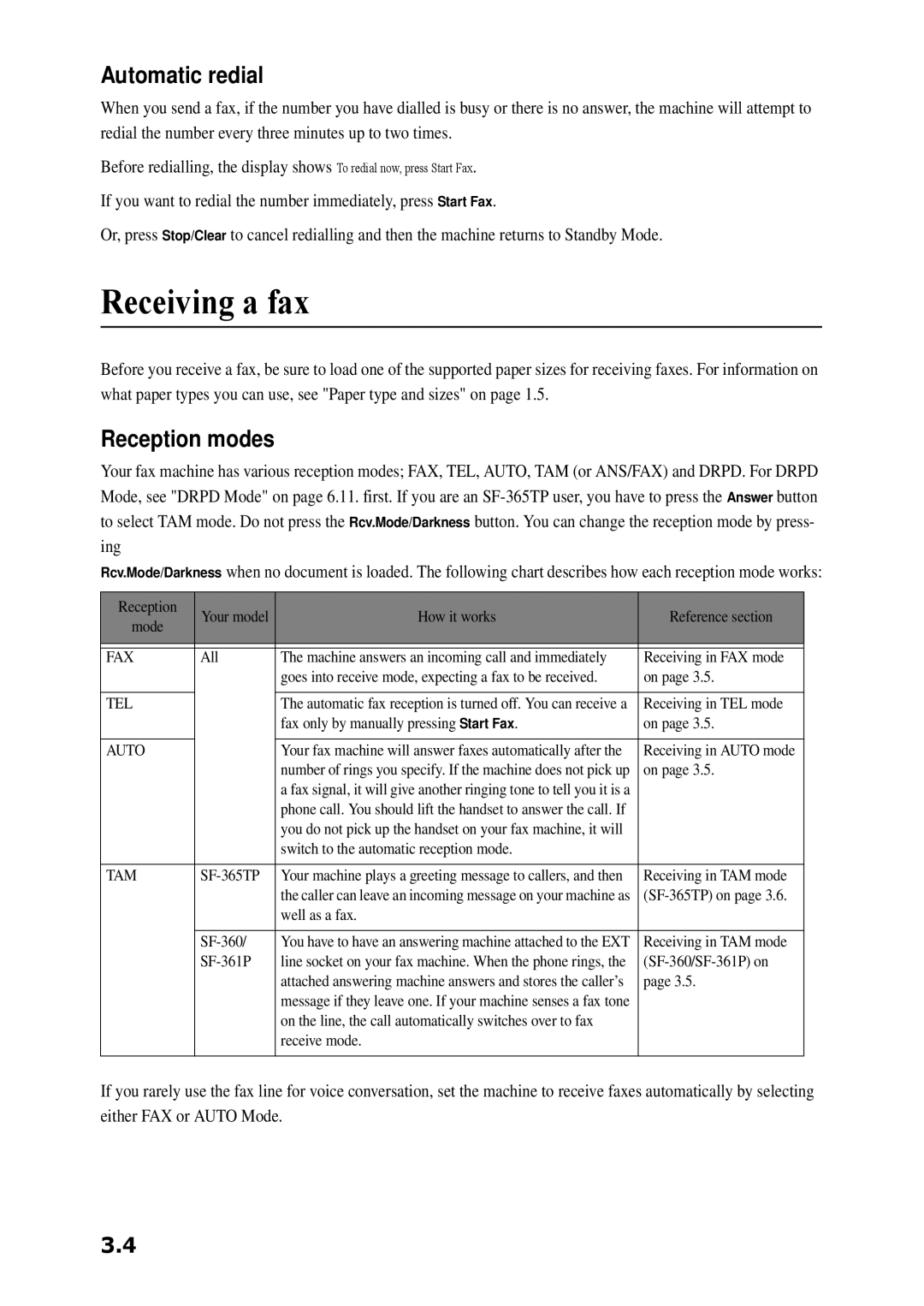 Samsung SF-360 Series manual Receiving a fax, Automatic redial, Reception modes 