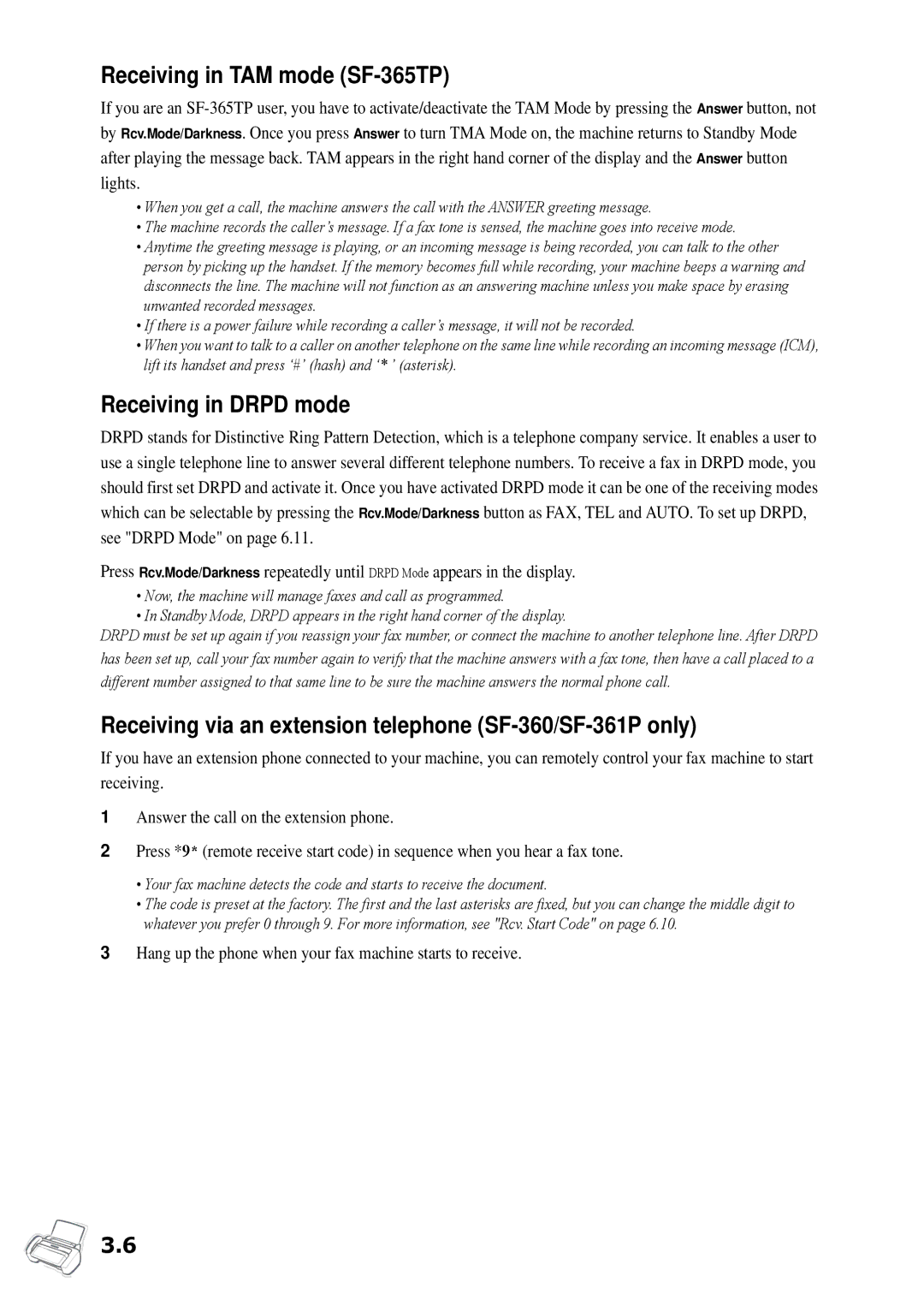 Samsung SF-360 Series manual Receiving in TAM mode SF-365TP, Receiving in Drpd mode 