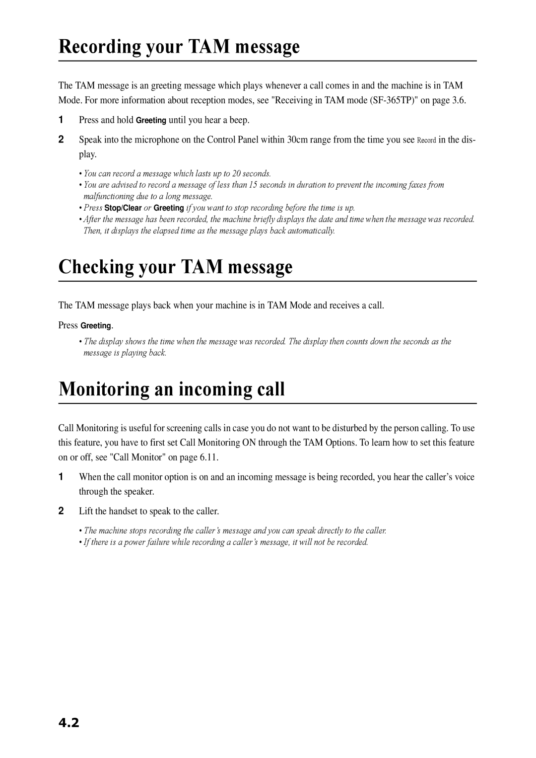 Samsung SF-360 Series manual Recording your TAM message, Checking your TAM message, Monitoring an incoming call 