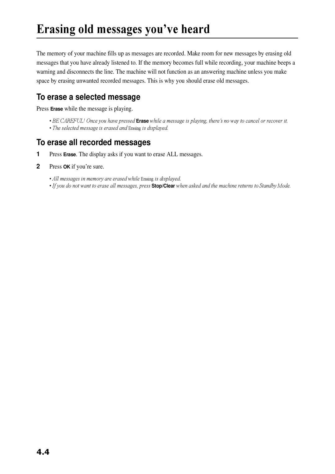 Samsung SF-360 Series manual Erasing old messages you’ve heard, To erase a selected message, To erase all recorded messages 