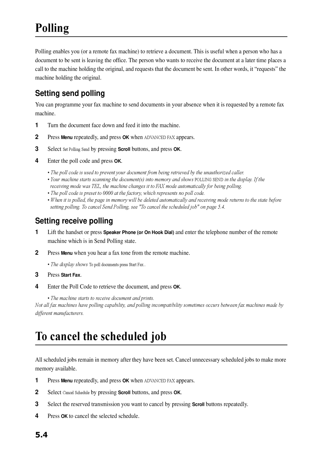 Samsung SF-360 Series manual Polling, To cancel the scheduled job, Setting send polling, Setting receive polling 