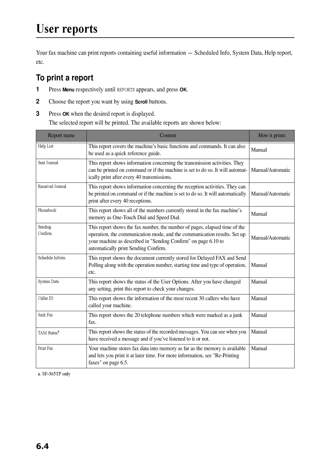 Samsung SF-360 Series manual User reports, To print a report 