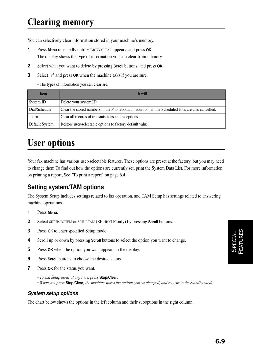 Samsung SF-360 Series manual Clearing memory, User options, Setting system/TAM options, System setup options 