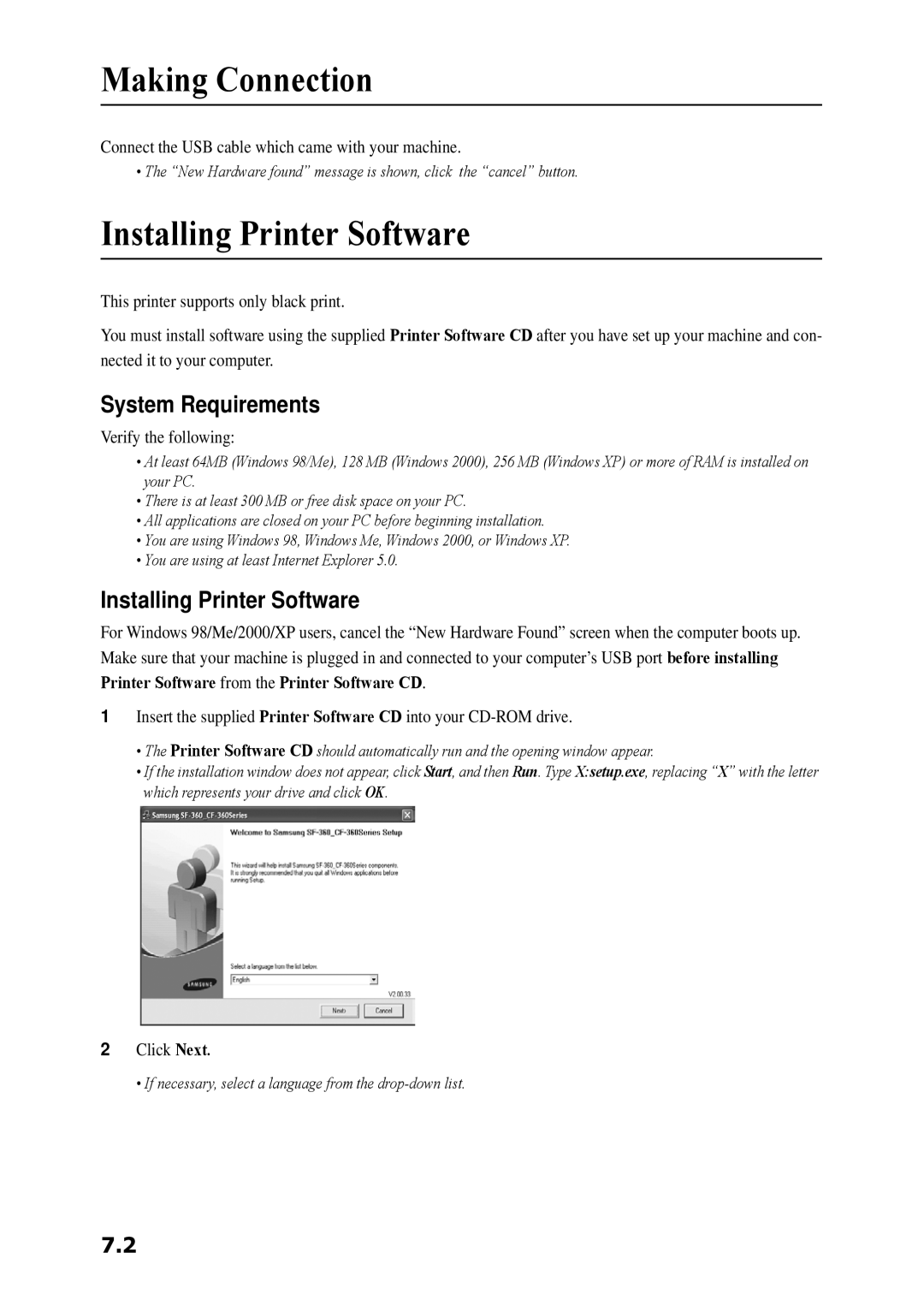 Samsung SF-360 Series manual Making Connection, Installing Printer Software, System Requirements 