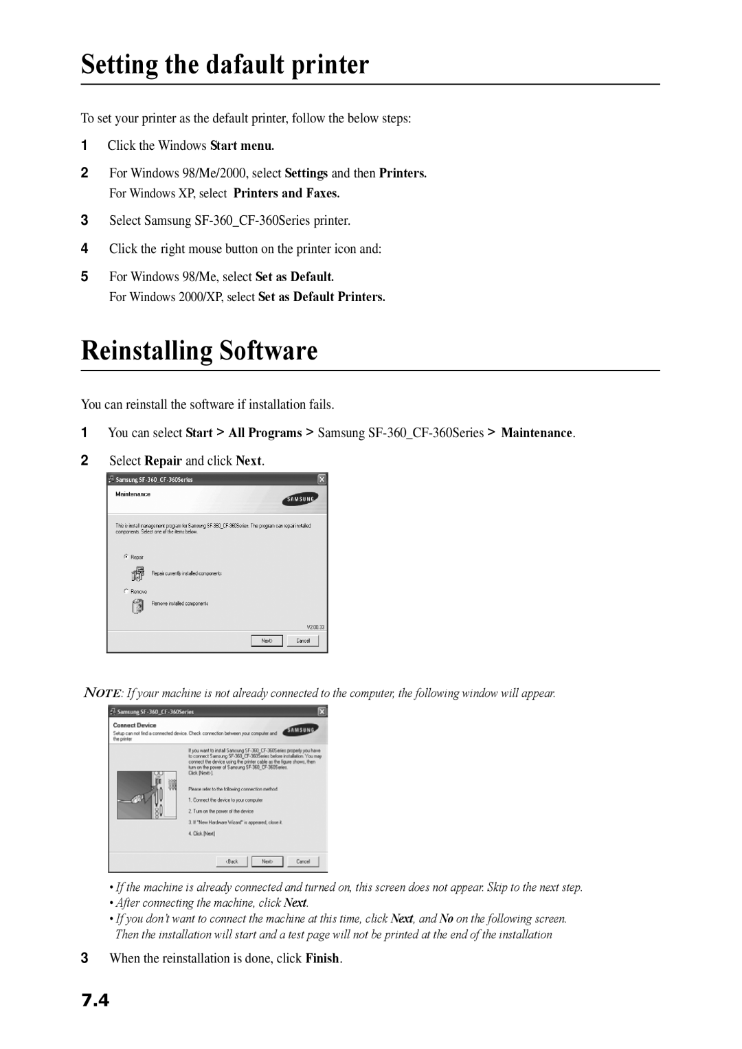 Samsung SF-360 Series Setting the dafault printer, Reinstalling Software, When the reinstallation is done, click Finish 