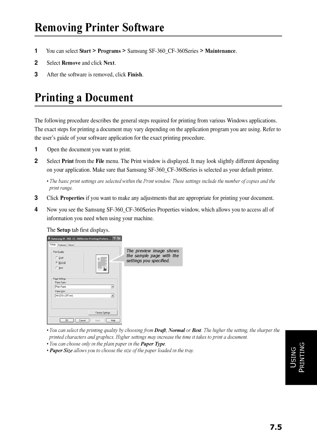 Samsung SF-360 Series manual Removing Printer Software, Printing a Document, Open the document you want to print 