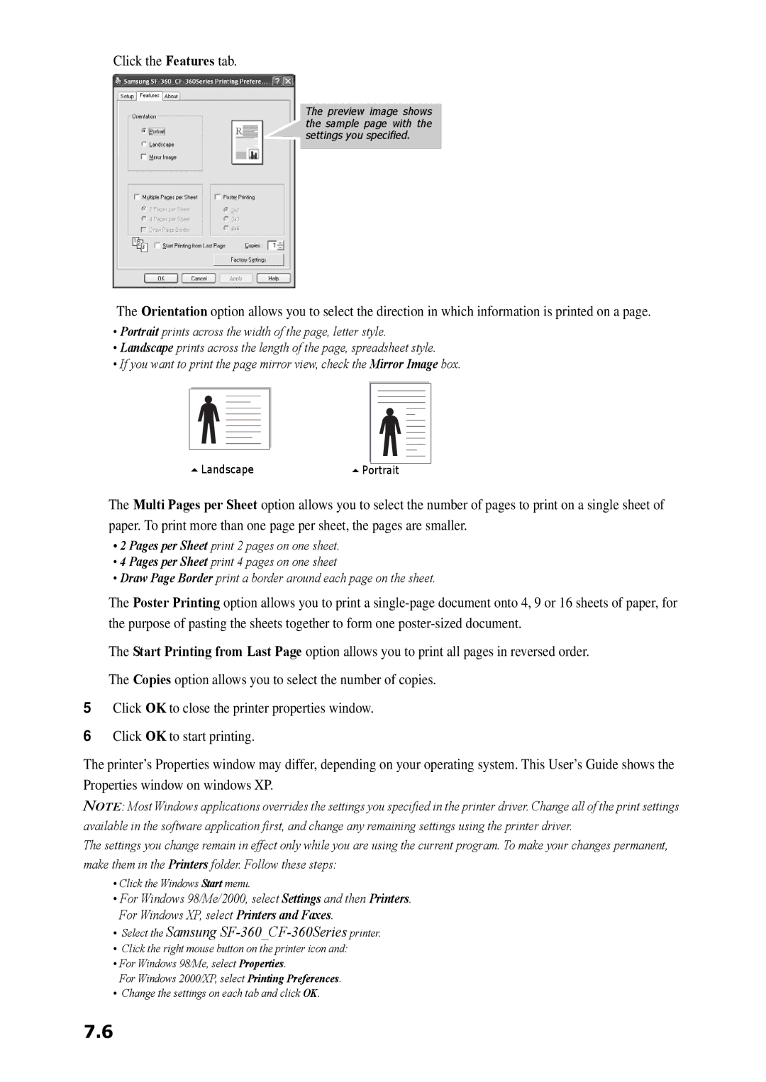 Samsung SF-360 Series manual Click the Features tab, Select the Samsung SF-360CF-360Series printer 