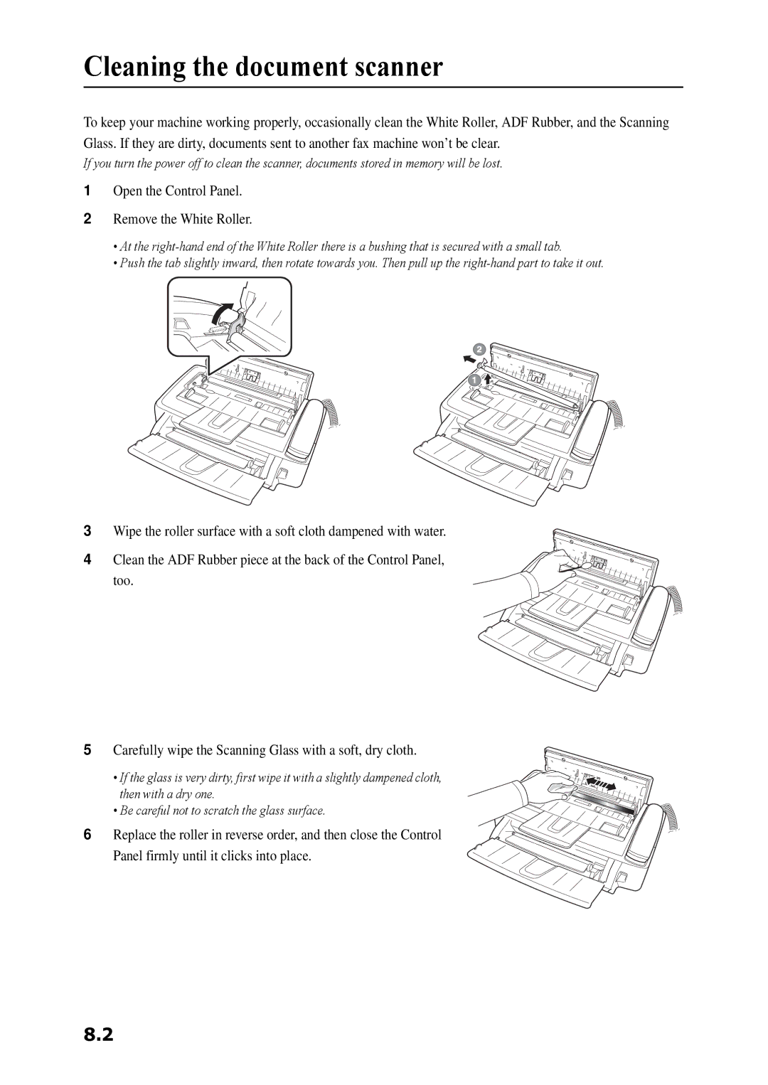 Samsung SF-360 Series manual Cleaning the document scanner, Open the Control Panel Remove the White Roller 