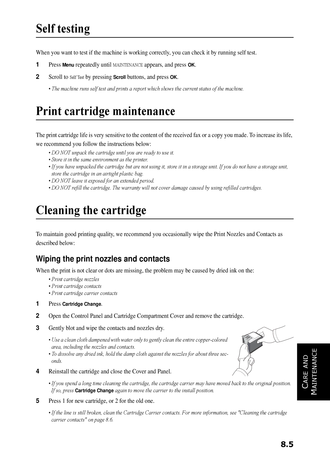 Samsung SF-360 Series manual Self testing, Print cartridge maintenance, Cleaning the cartridge 