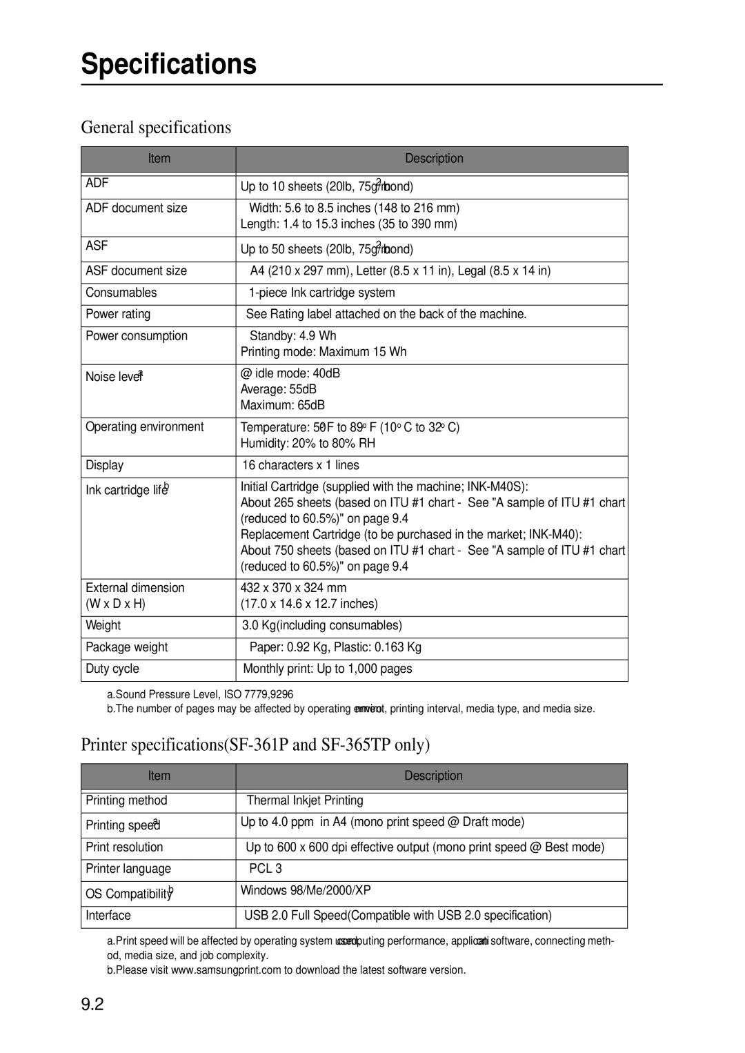 Samsung SF-360 Series manual Specifications, General specifications, Printer specificationsSF-361P and SF-365TP only 