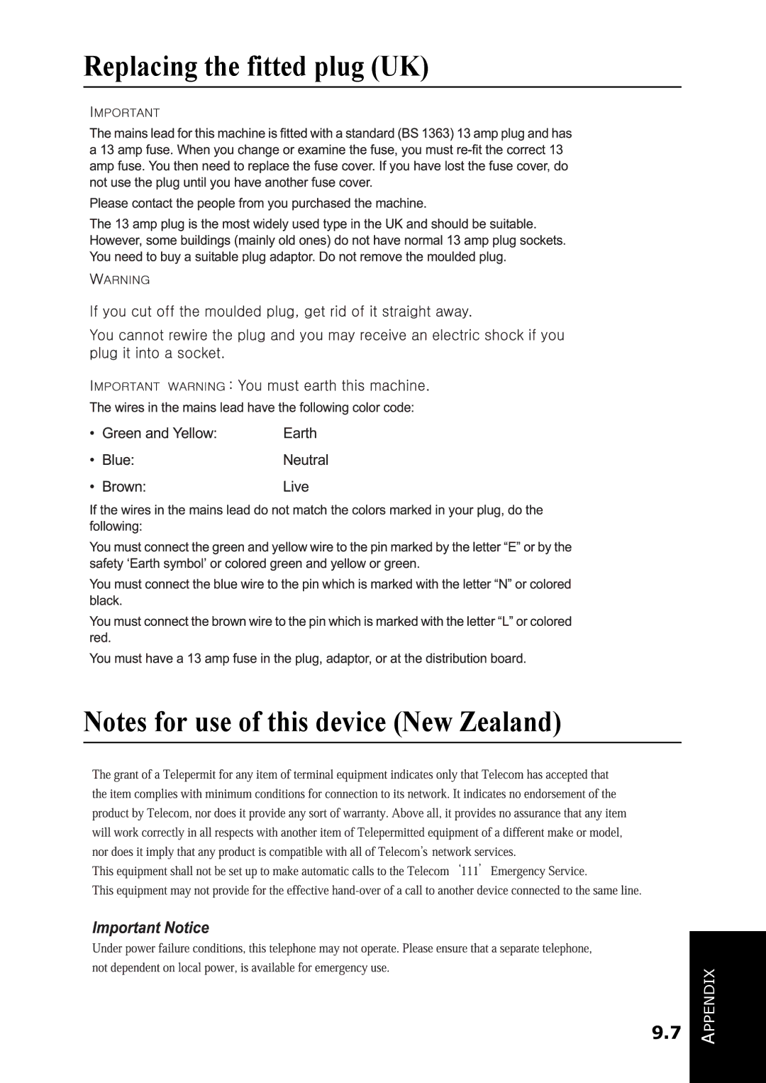 Samsung SF-360 Series manual Replacing the fitted plug UK 