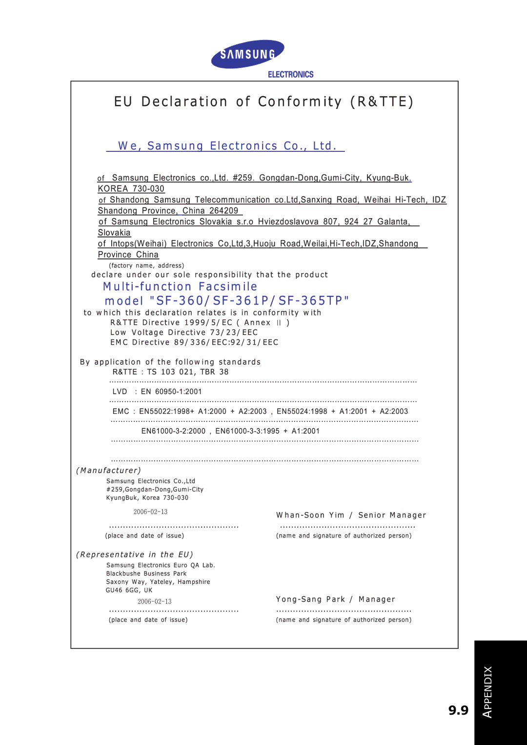 Samsung SF-360 Series manual Appendix 