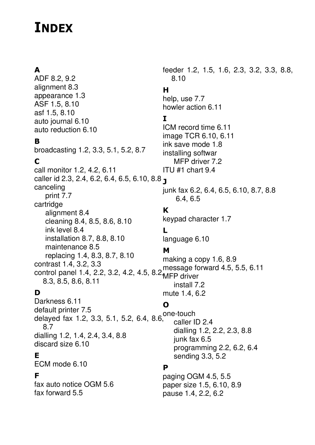 Samsung SF-360 Series manual Index 