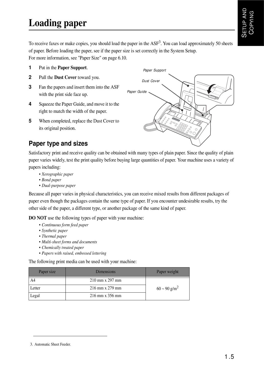 Samsung SF-370 Series manual Loading paper, Paper type and sizes 