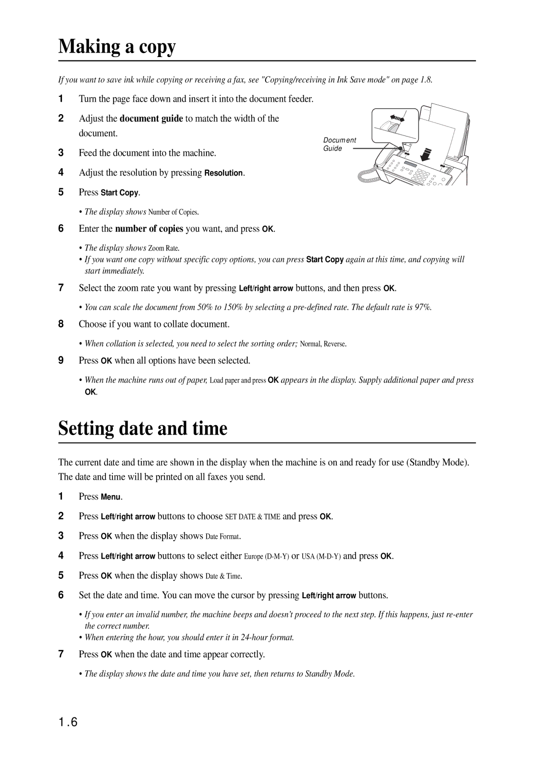 Samsung SF-370 Series manual Making a copy, Setting date and time 