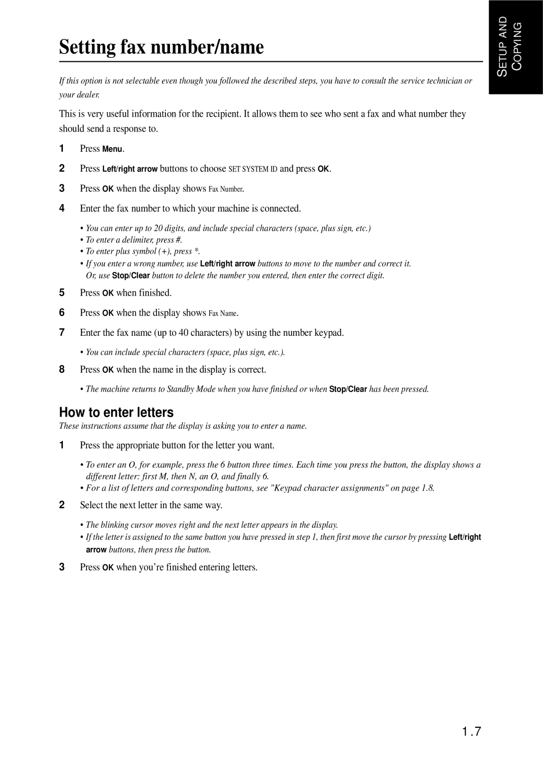 Samsung SF-370 Series manual Setting fax number/name, How to enter letters 