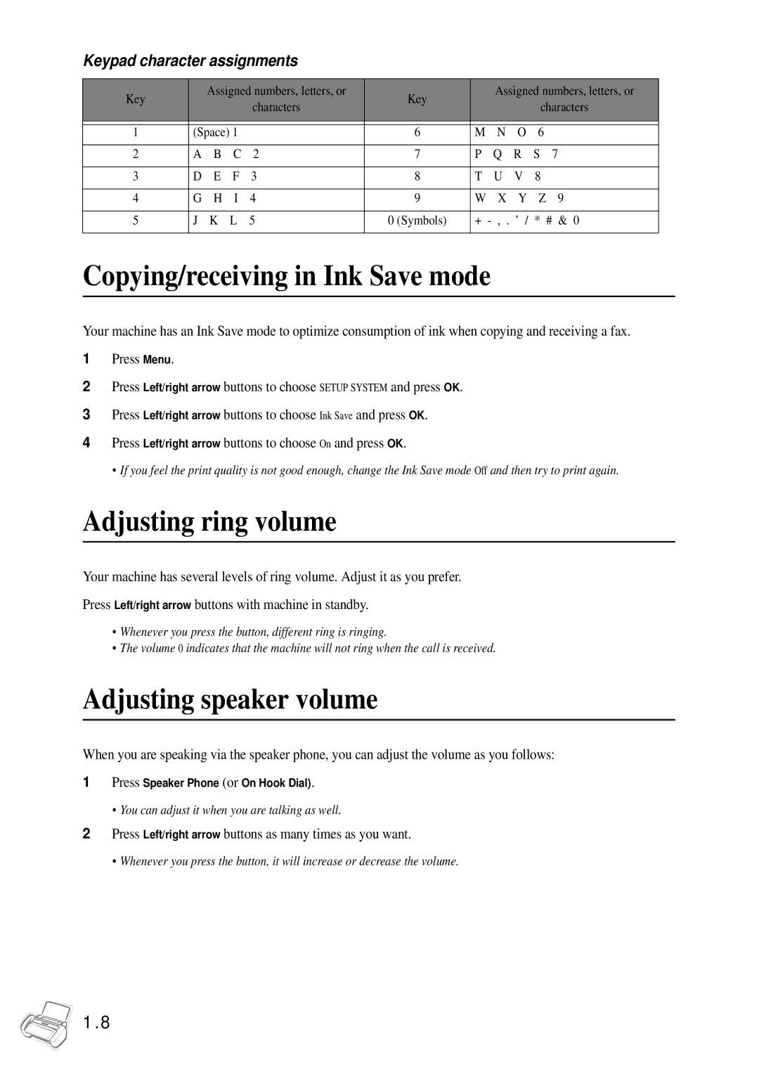 Samsung SF-370 Series manual Copying/receiving in Ink Save mode, Adjusting ring volume, Adjusting speaker volume 