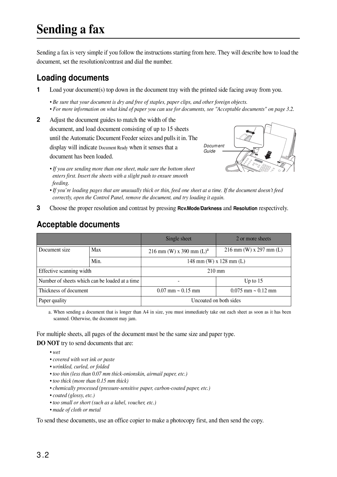 Samsung SF-370 Series manual Sending a fax, Loading documents, Acceptable documents 