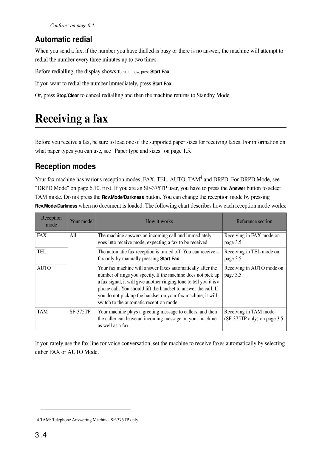 Samsung SF-370 Series manual Receiving a fax, Automatic redial, Reception modes 