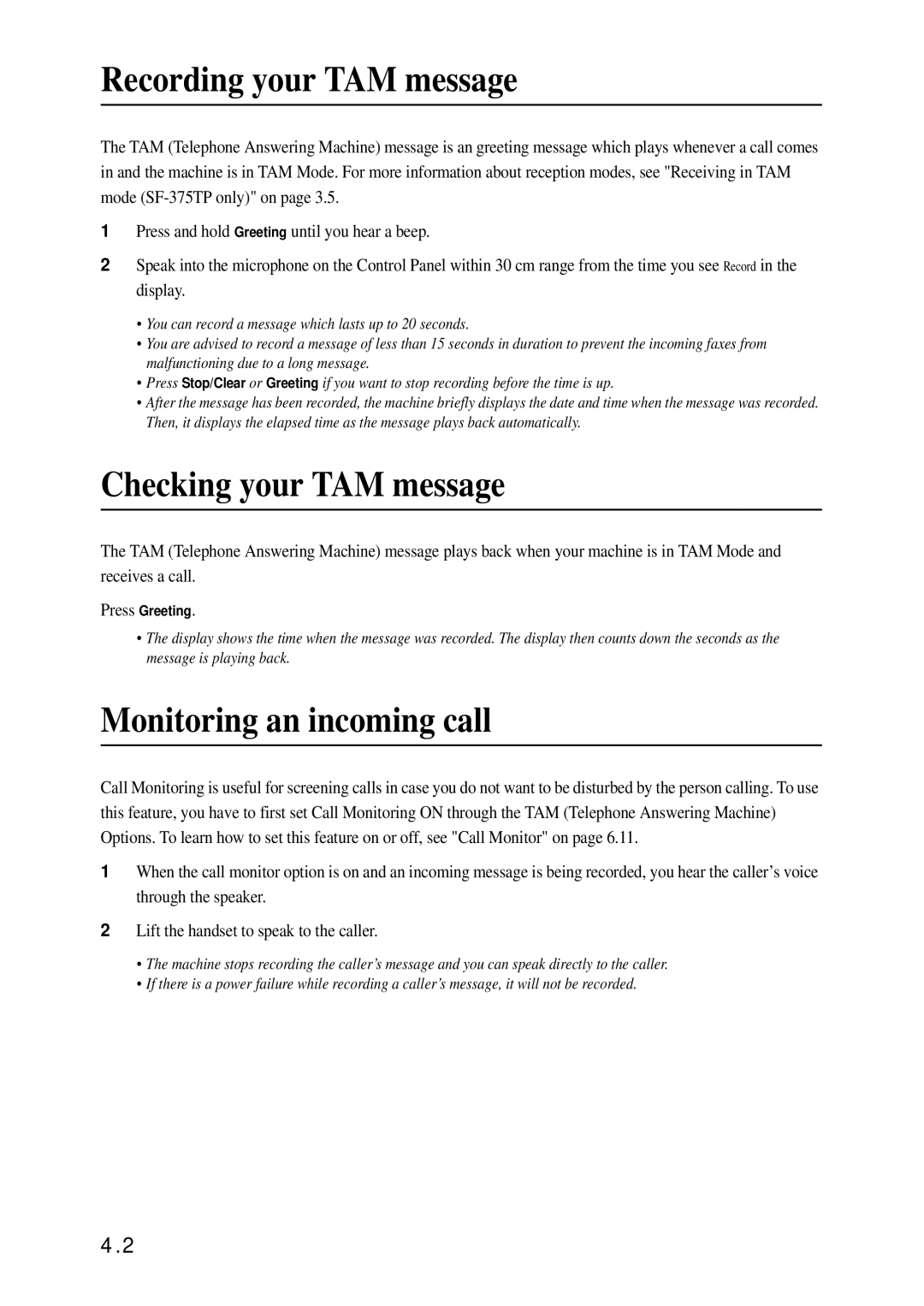 Samsung SF-370 Series manual Recording your TAM message, Checking your TAM message, Monitoring an incoming call 