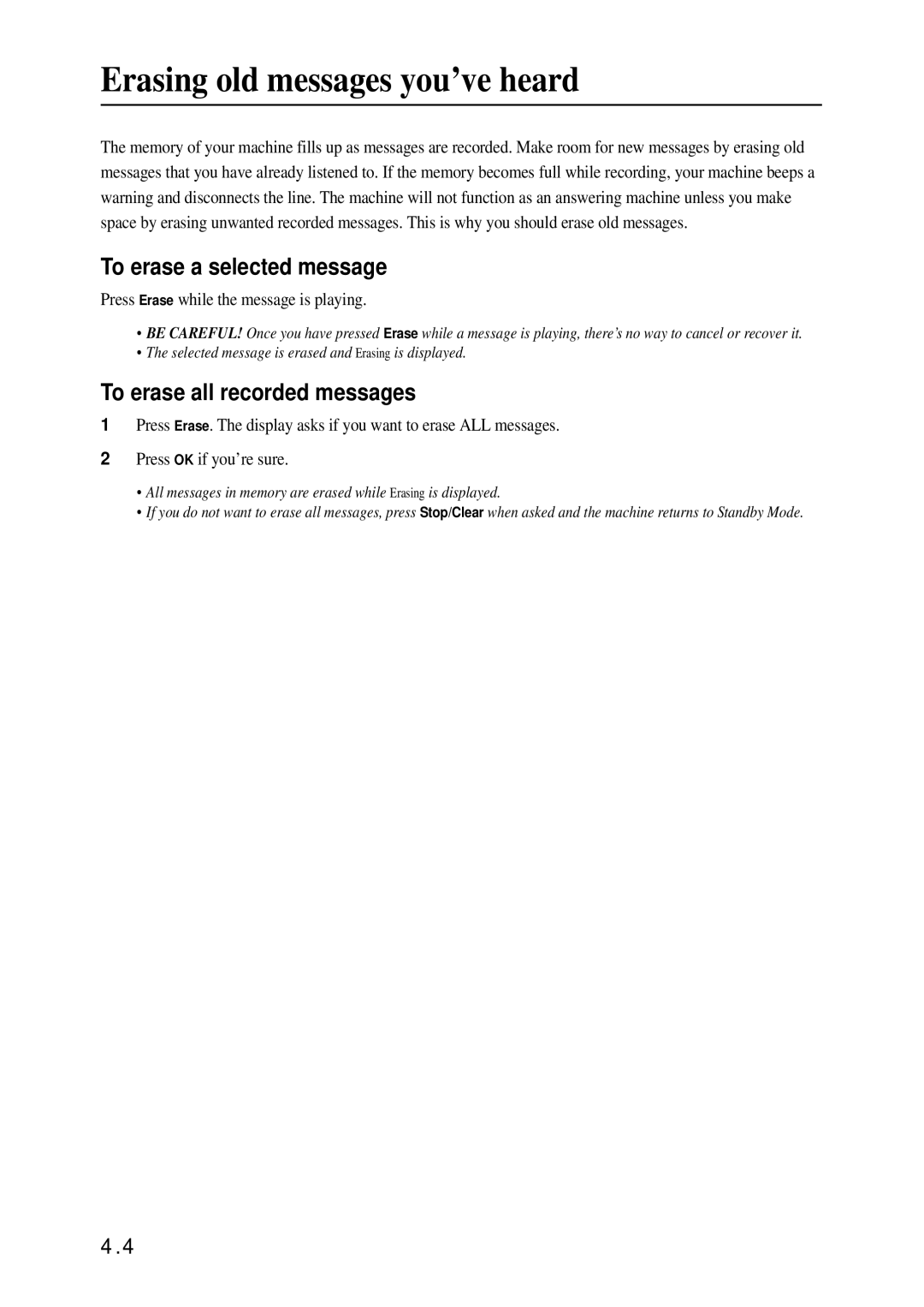 Samsung SF-370 Series manual Erasing old messages you’ve heard, To erase a selected message, To erase all recorded messages 