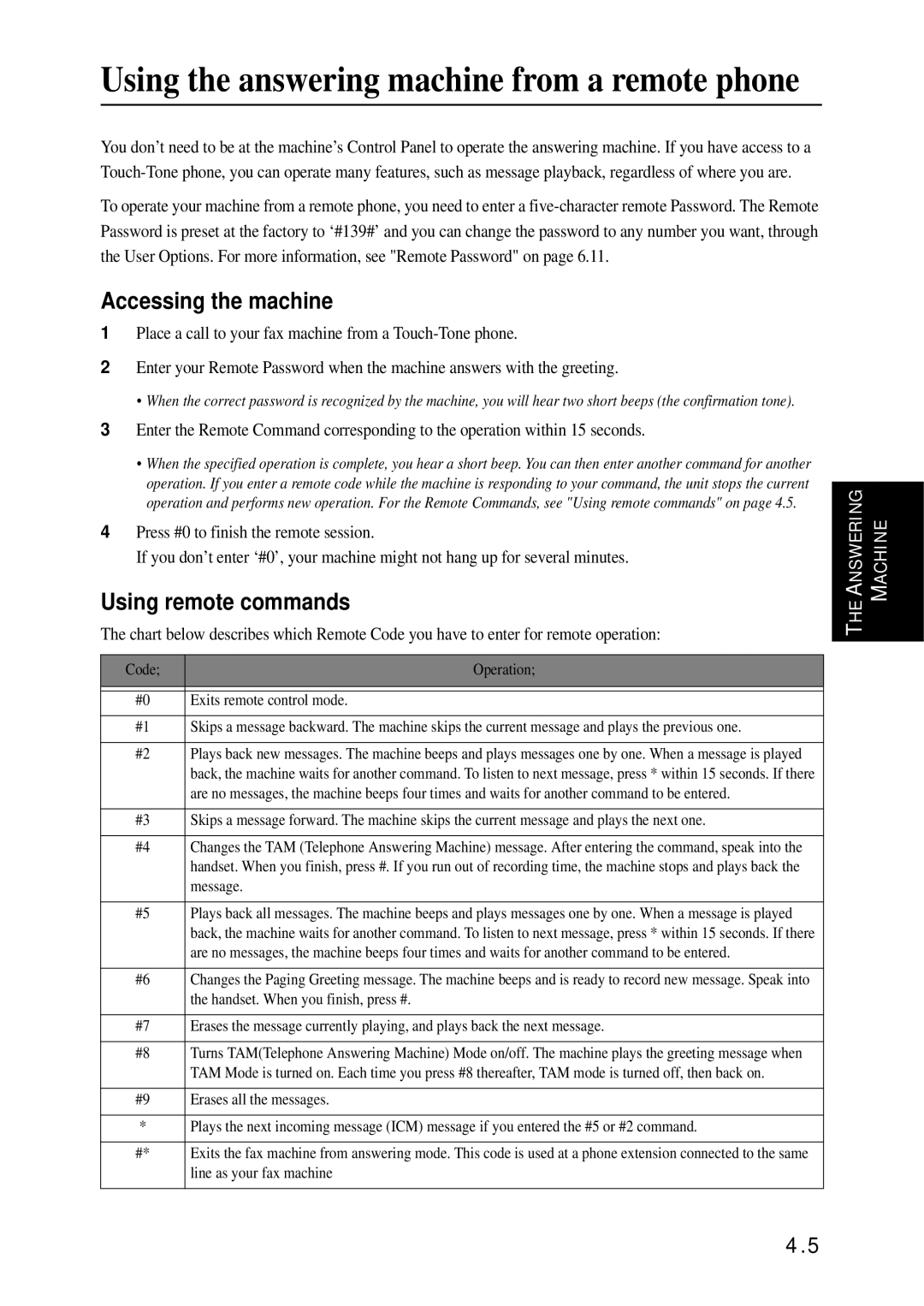 Samsung SF-370 Series manual Using the answering machine from a remote phone, Accessing the machine, Using remote commands 