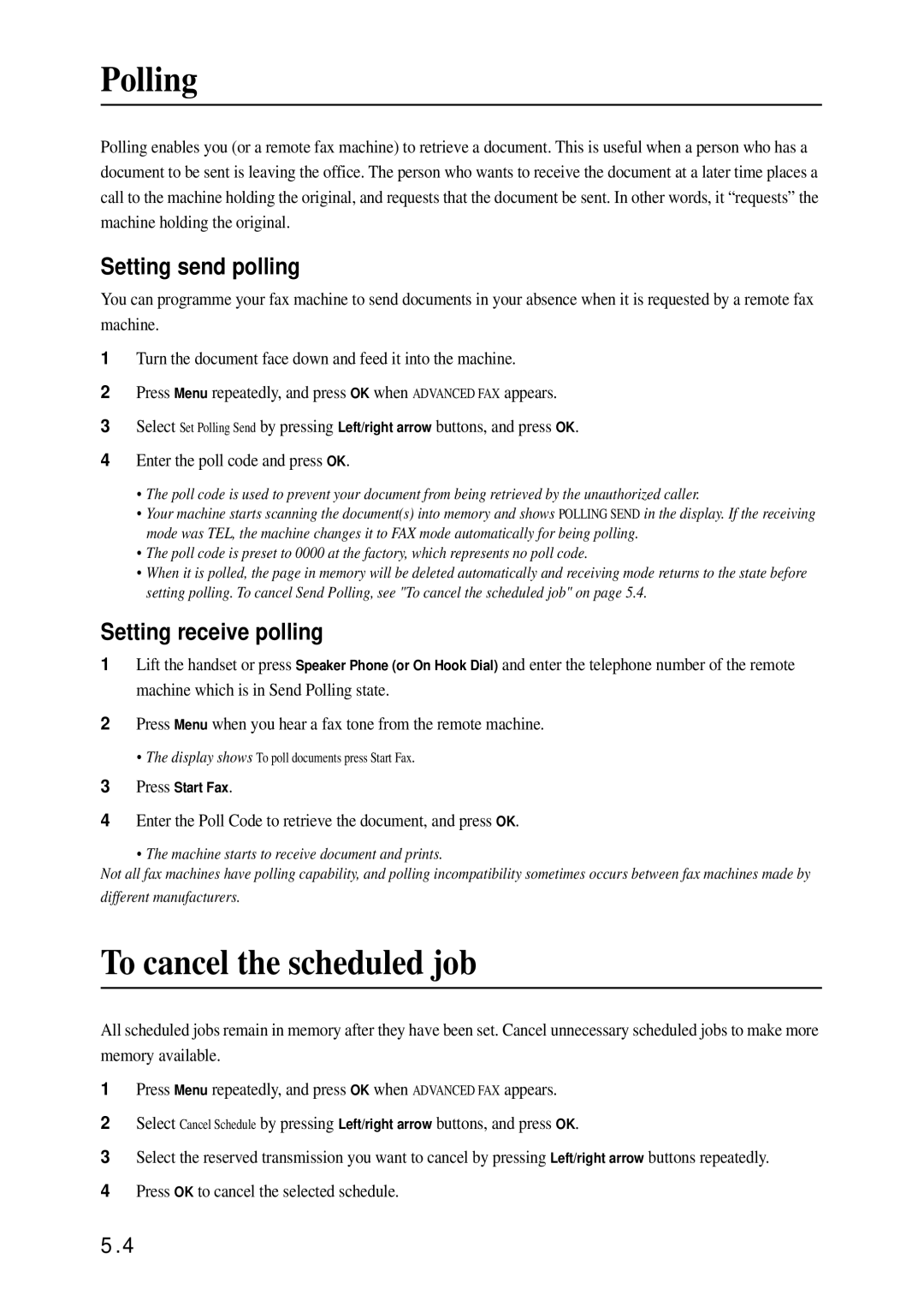 Samsung SF-370 Series manual Polling, To cancel the scheduled job, Setting send polling, Setting receive polling 