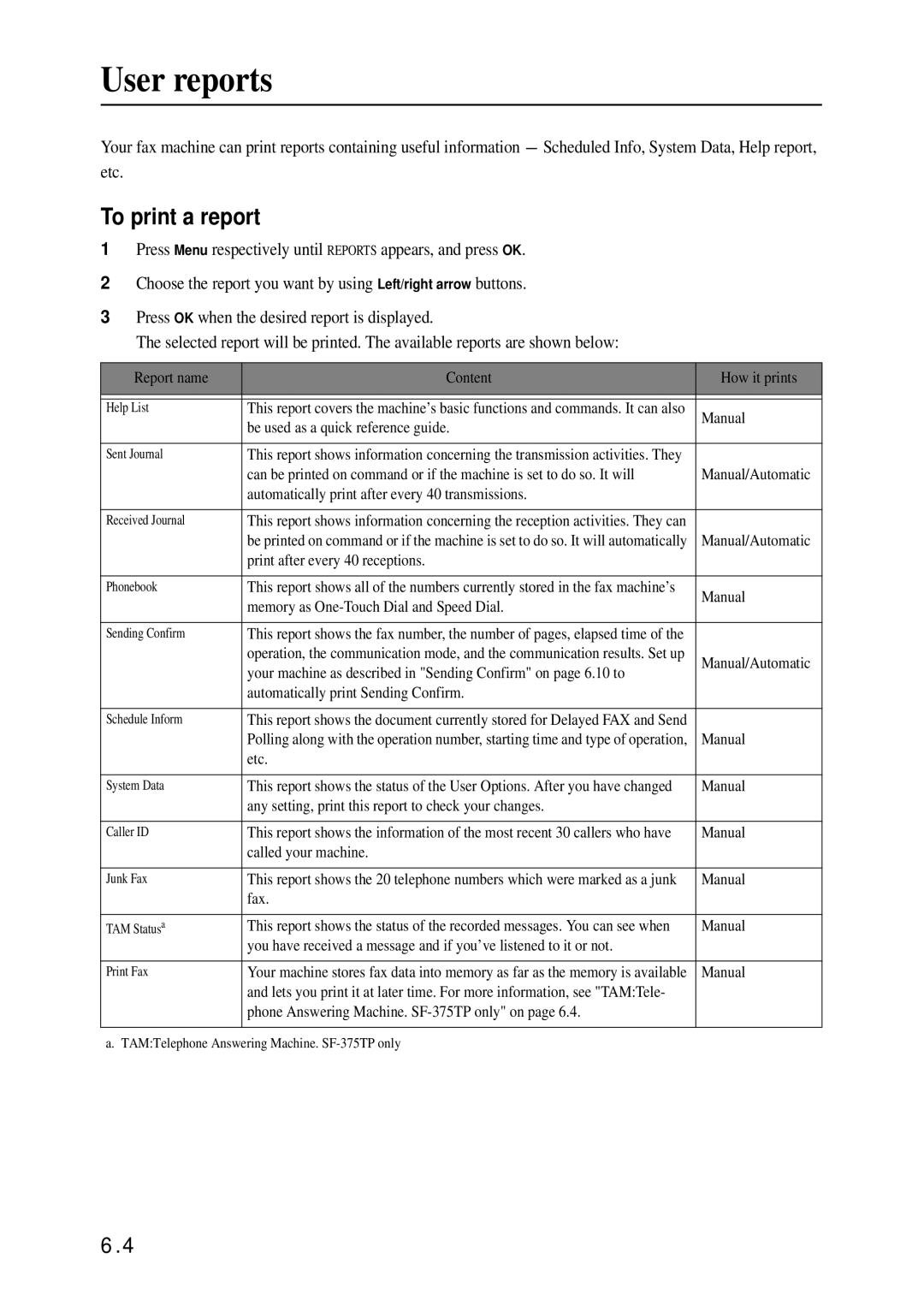 Samsung SF-370 Series manual User reports, To print a report 