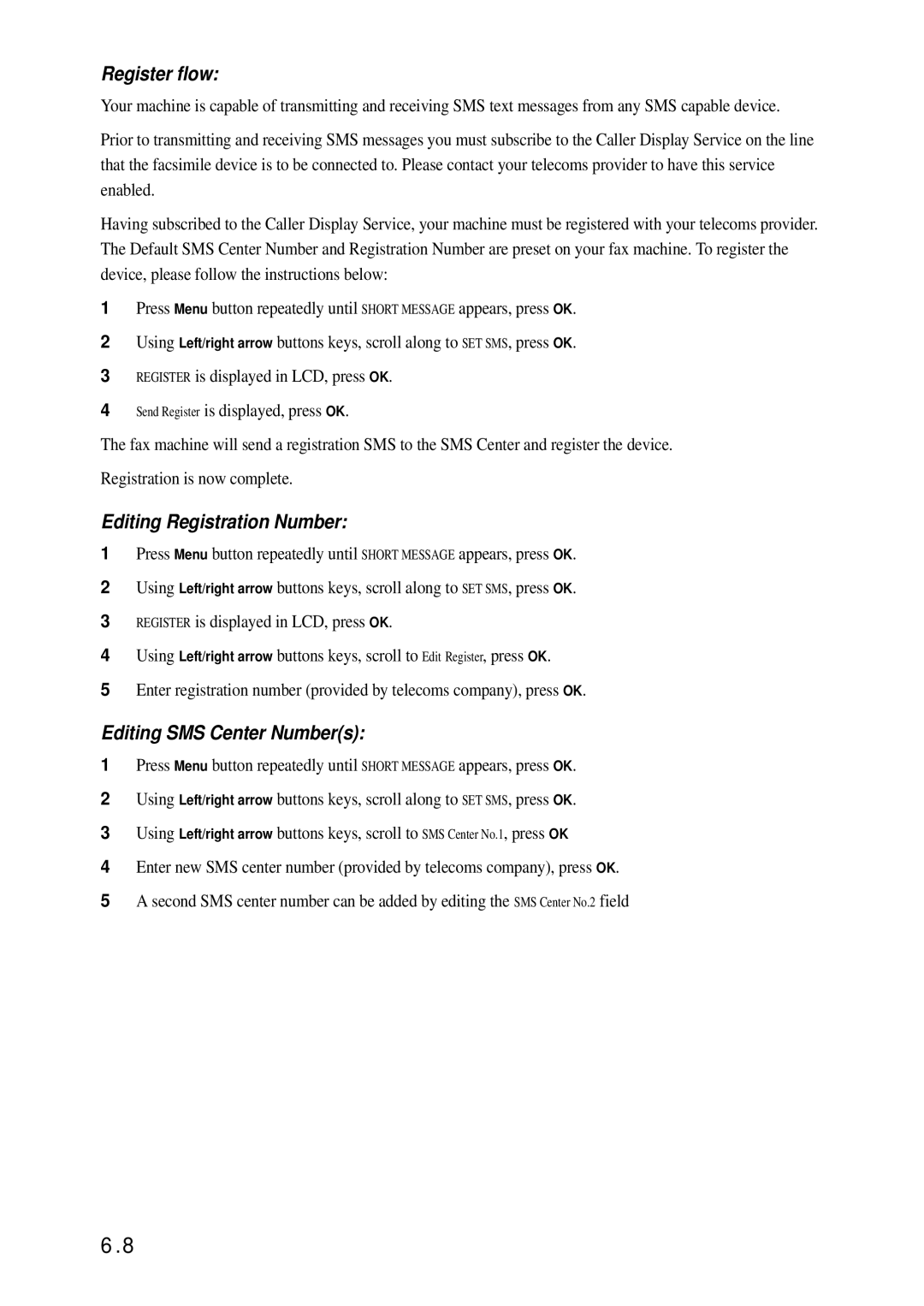 Samsung SF-370 Series manual Register flow, Editing Registration Number, Editing SMS Center Numbers 