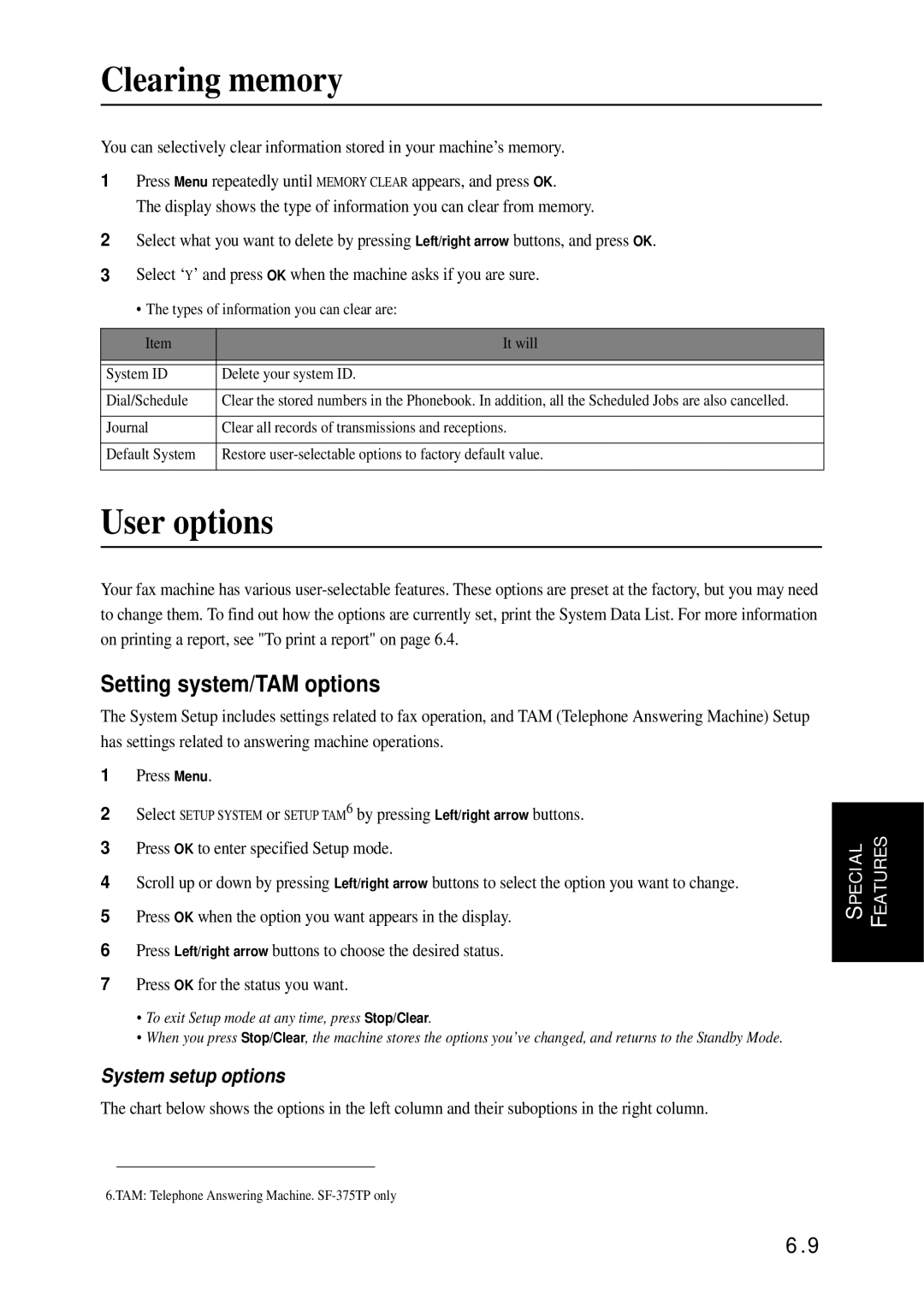 Samsung SF-370 Series manual Clearing memory, User options, Setting system/TAM options, System setup options 