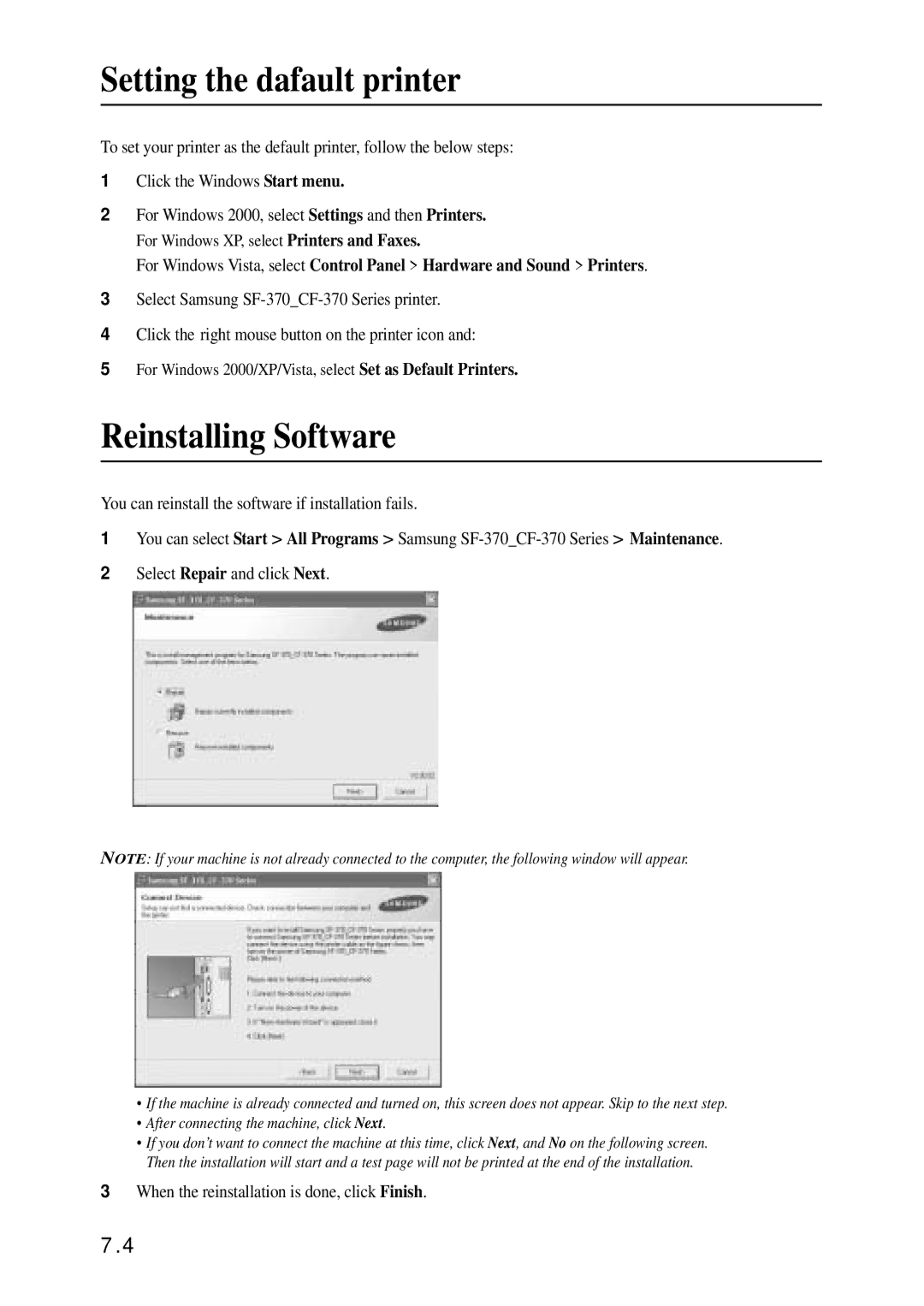 Samsung SF-370 Series Setting the dafault printer, Reinstalling Software, When the reinstallation is done, click Finish 
