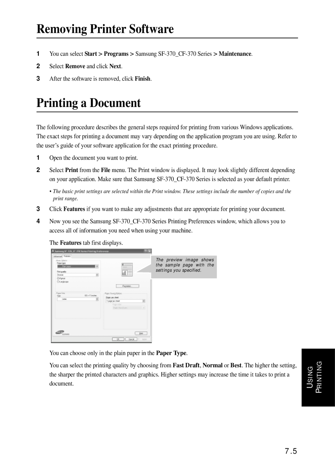 Samsung SF-370 Series manual Removing Printer Software, Printing a Document, Open the document you want to print 