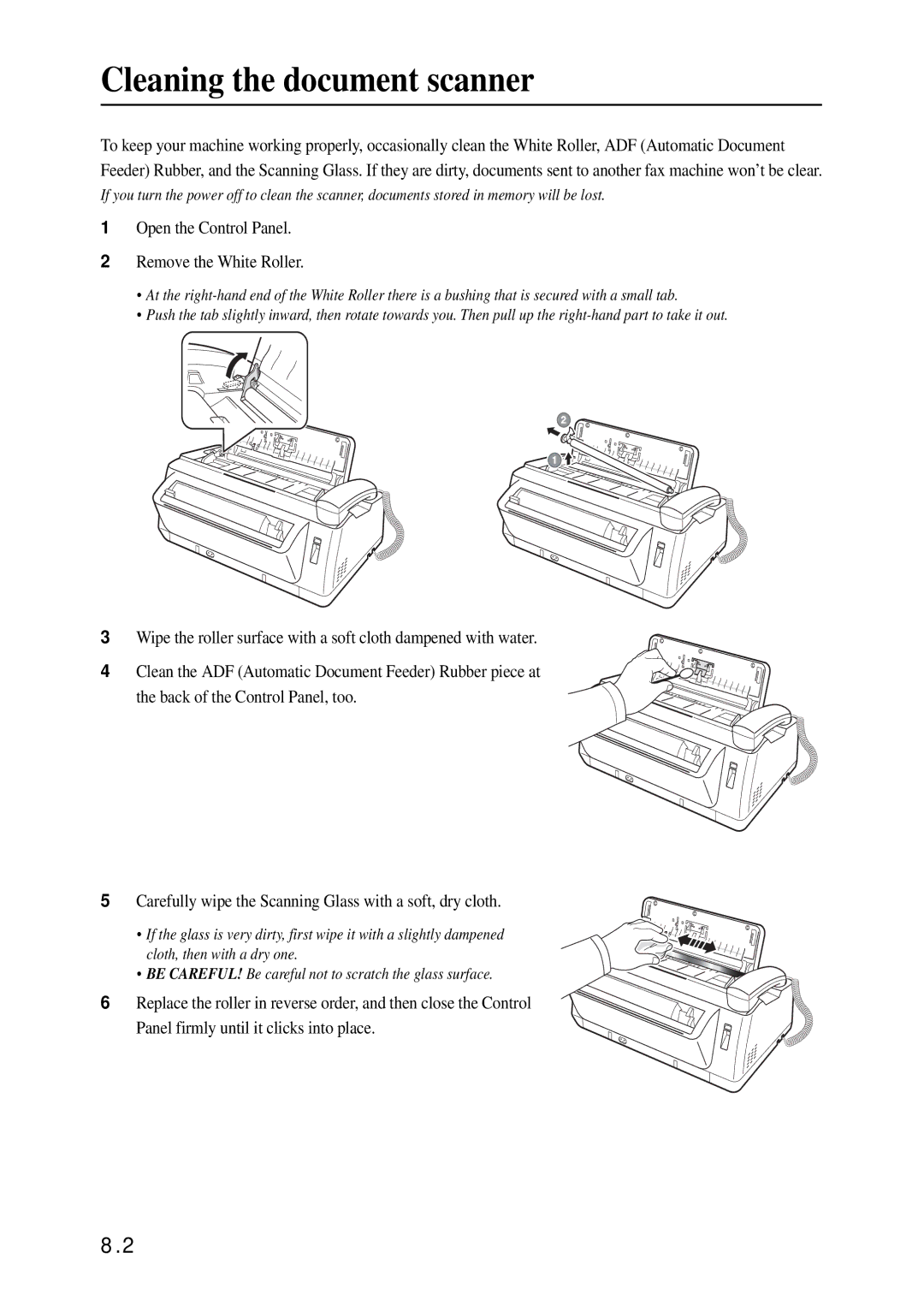 Samsung SF-370 Series manual Cleaning the document scanner, Open the Control Panel Remove the White Roller 