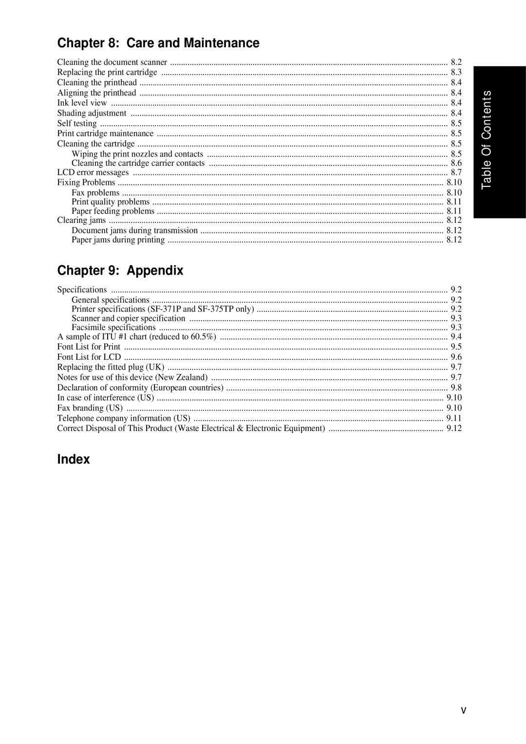 Samsung SF-370 Series manual Care and Maintenance, Appendix, Index 