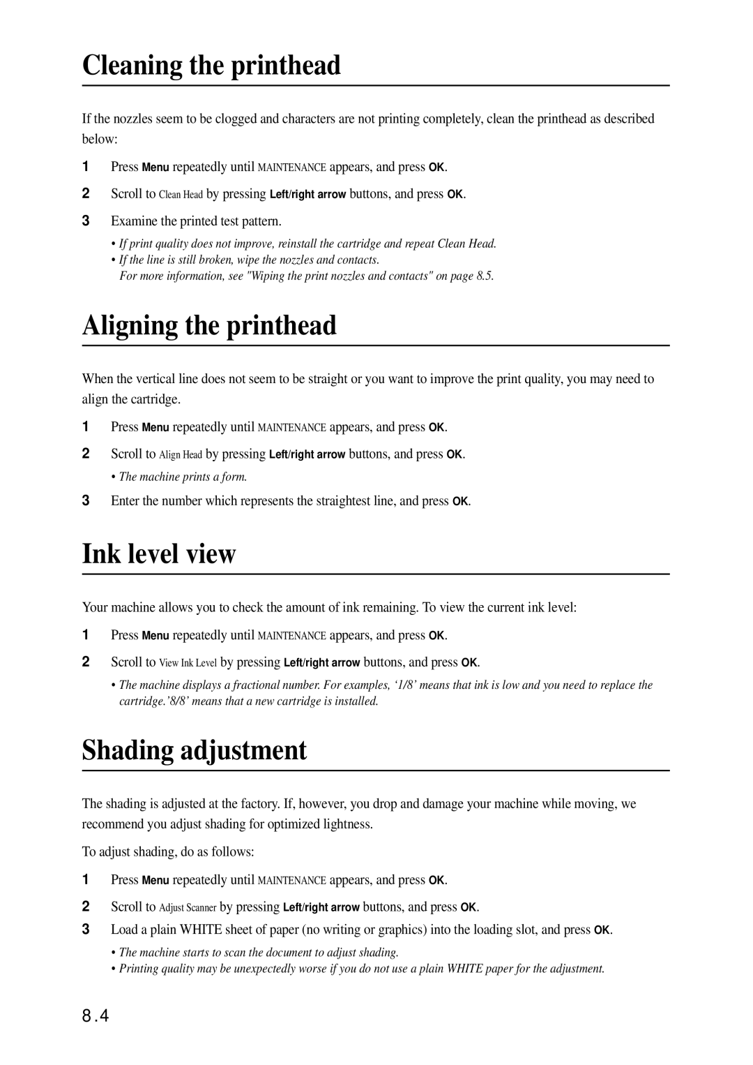 Samsung SF-370 Series manual Cleaning the printhead, Aligning the printhead, Ink level view, Shading adjustment 