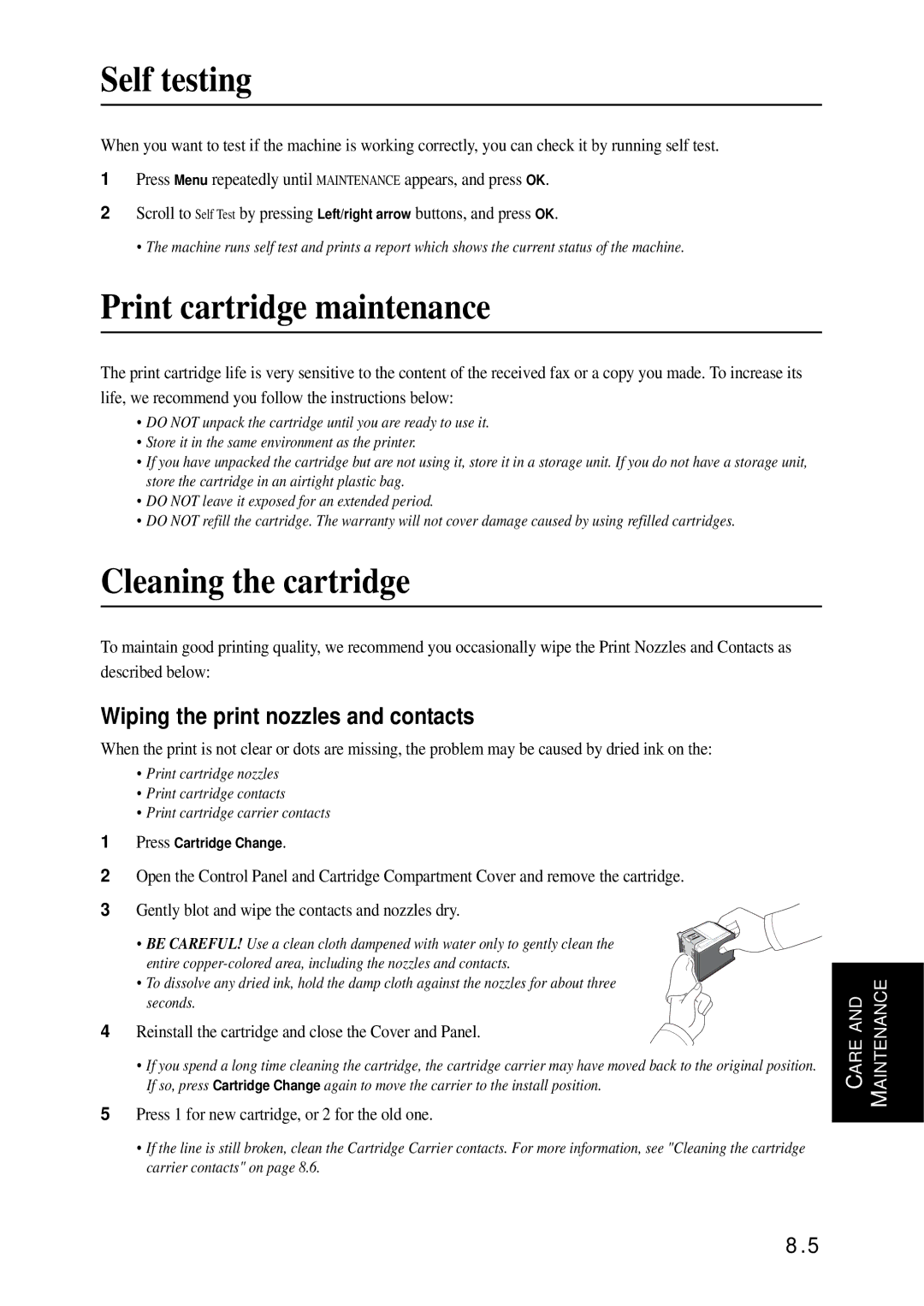 Samsung SF-370 Series manual Self testing, Print cartridge maintenance, Cleaning the cartridge 