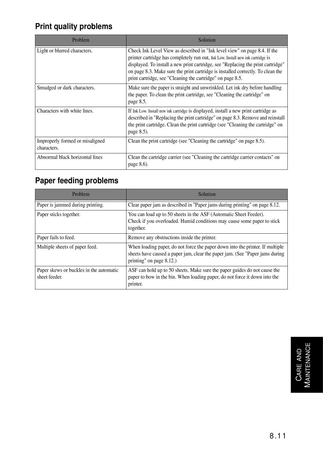 Samsung SF-370 Series manual Print quality problems, Paper feeding problems 