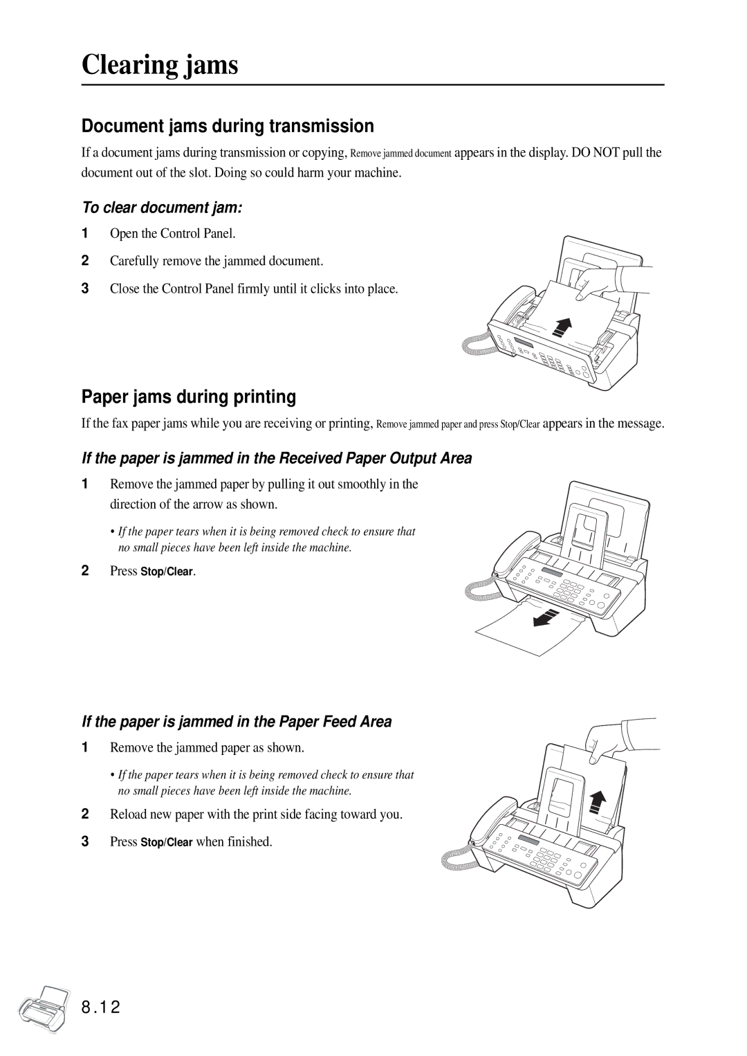 Samsung SF-370 Series manual Clearing jams, Document jams during transmission, Paper jams during printing 