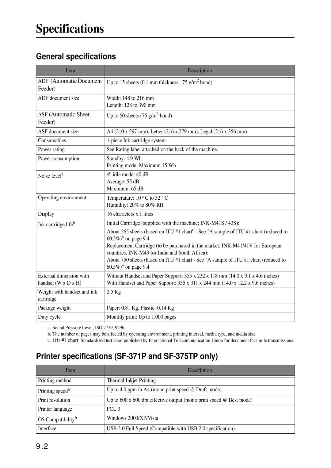 Samsung SF-370 Series Specifications, General specifications, Printer specifications SF-371P and SF-375TP only, Feeder 