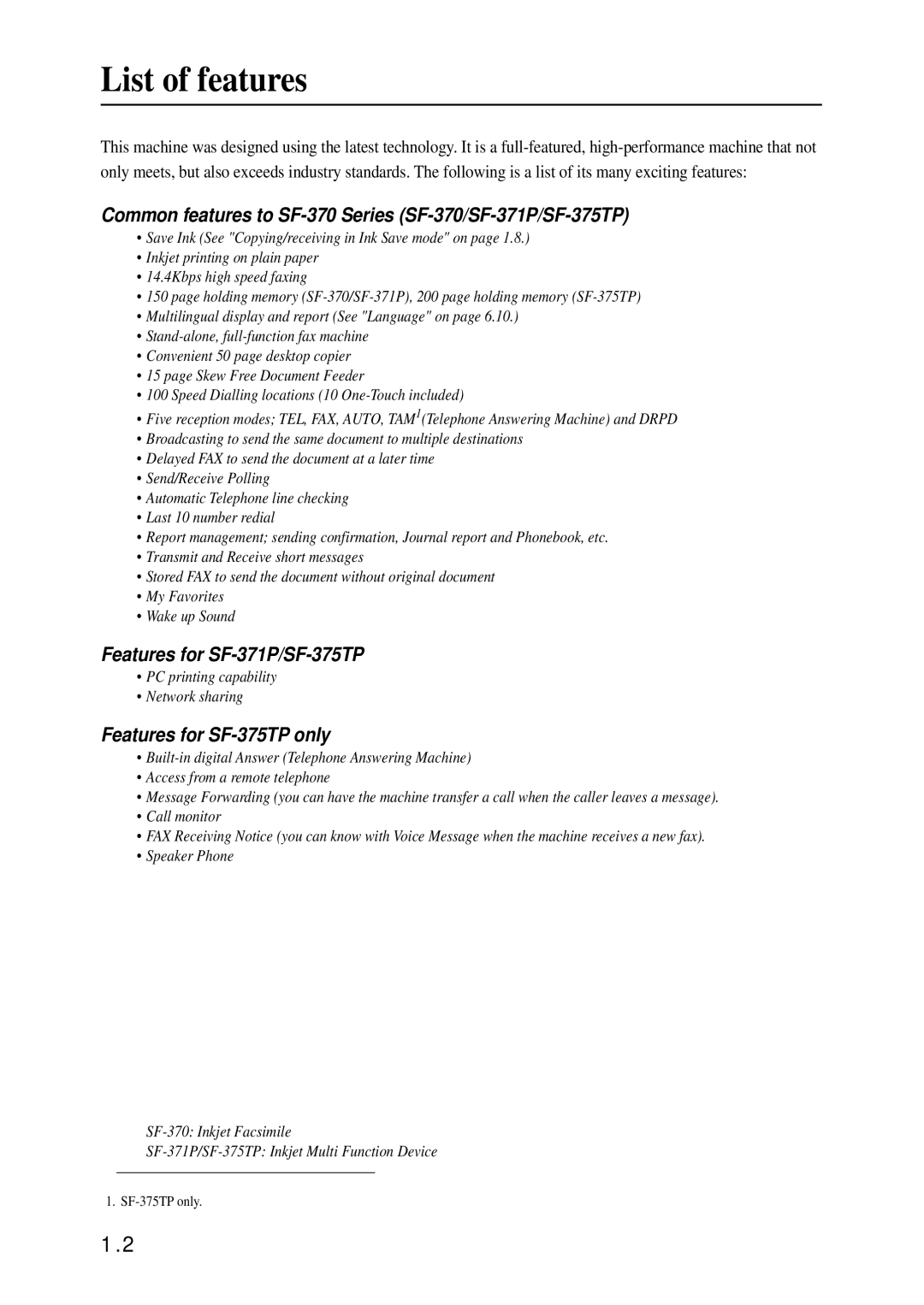 Samsung manual List of features, Common features to SF-370 Series SF-370/SF-371P/SF-375TP, Features for SF-371P/SF-375TP 