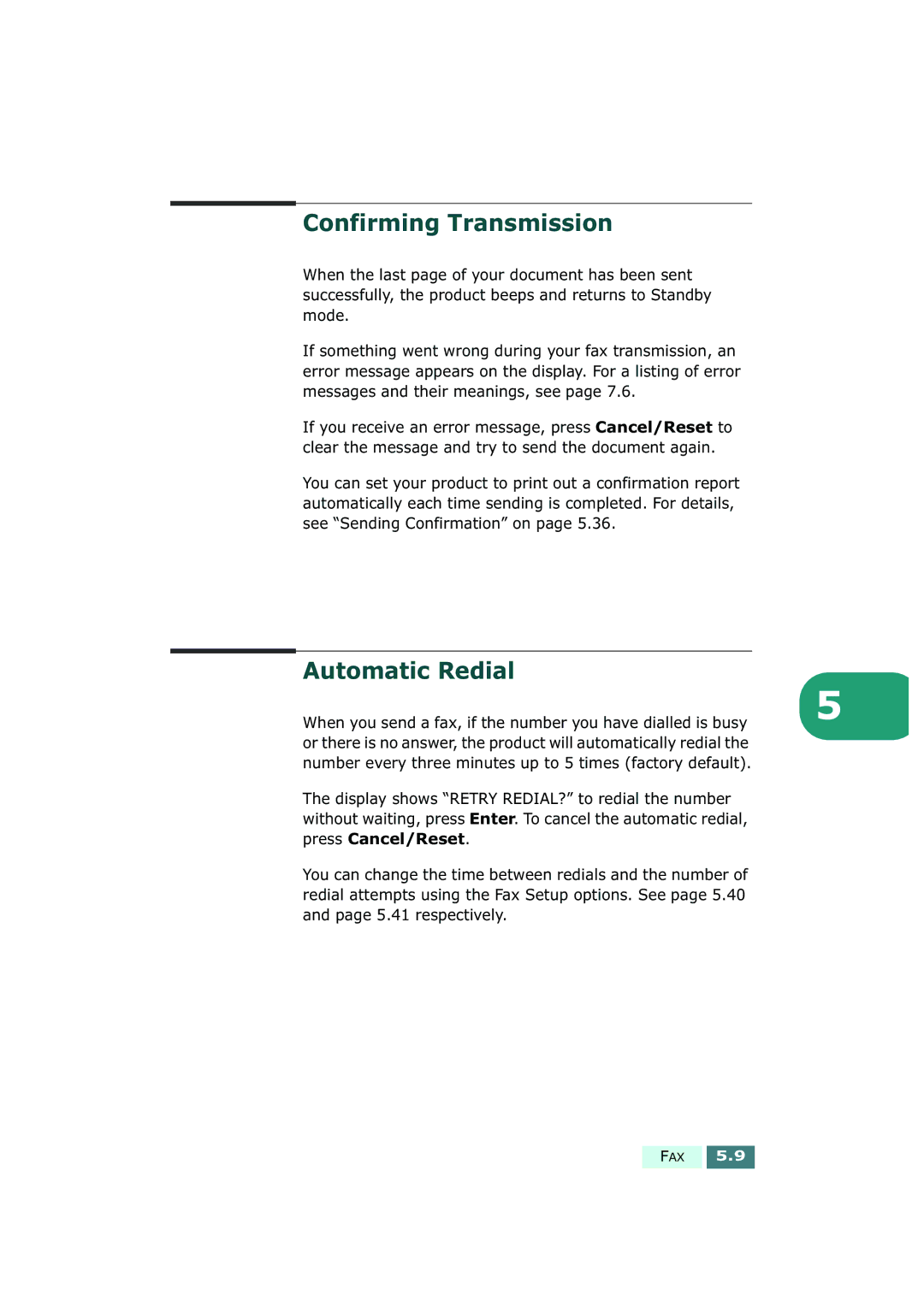 Samsung SF-430 manual Confirming Transmission, Automatic Redial 